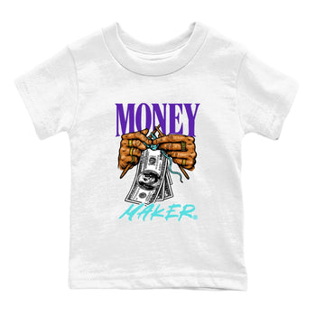 Money Maker baby and kids t-shirt crafted for little sneakerheads to shine with the Air Jordan 5 Grape sneakers, displayed in White 2.