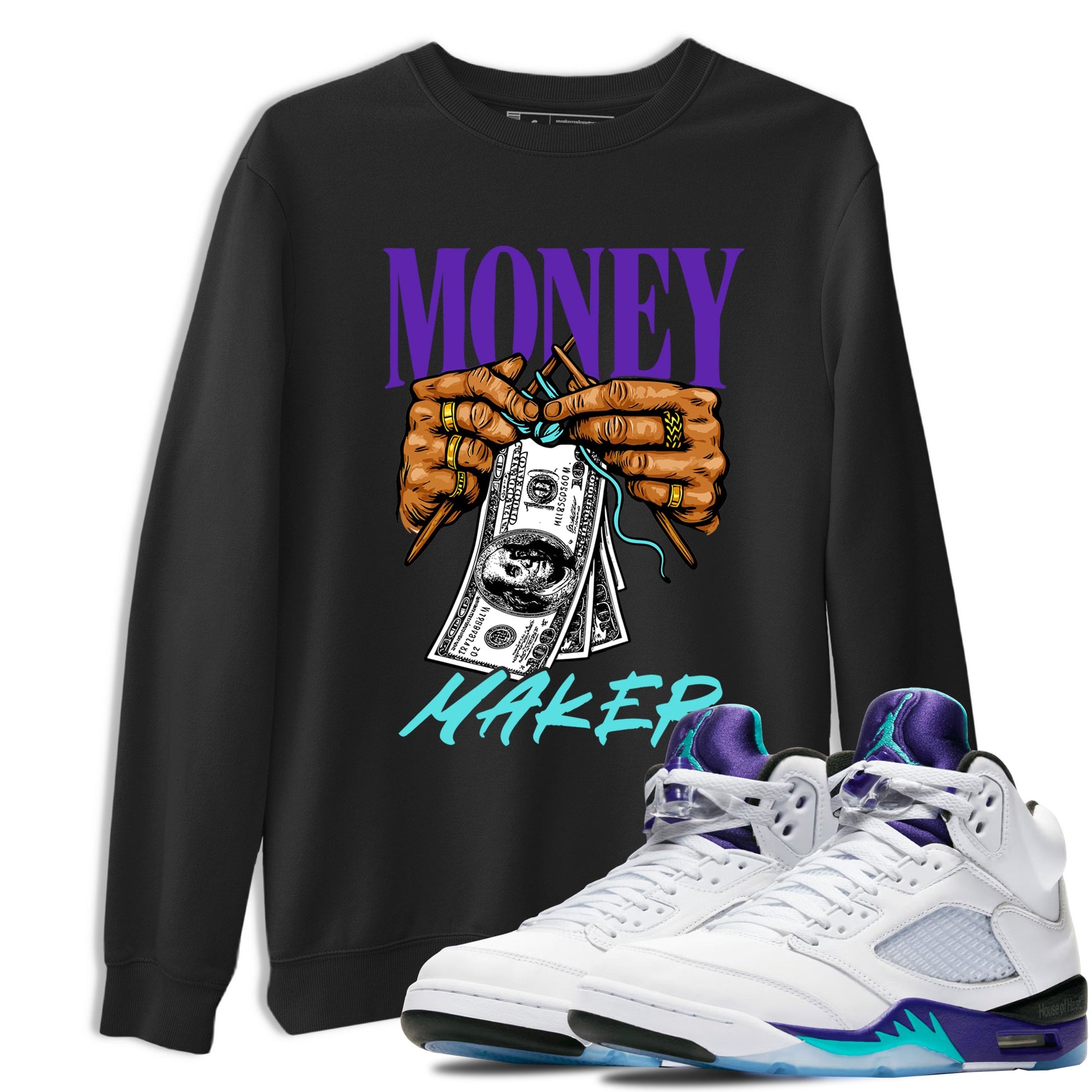 Money Maker sneaker match t-shirt styled to complete your fit with the Air Jordan 5 Grape sneakers, shown in Black 1.
