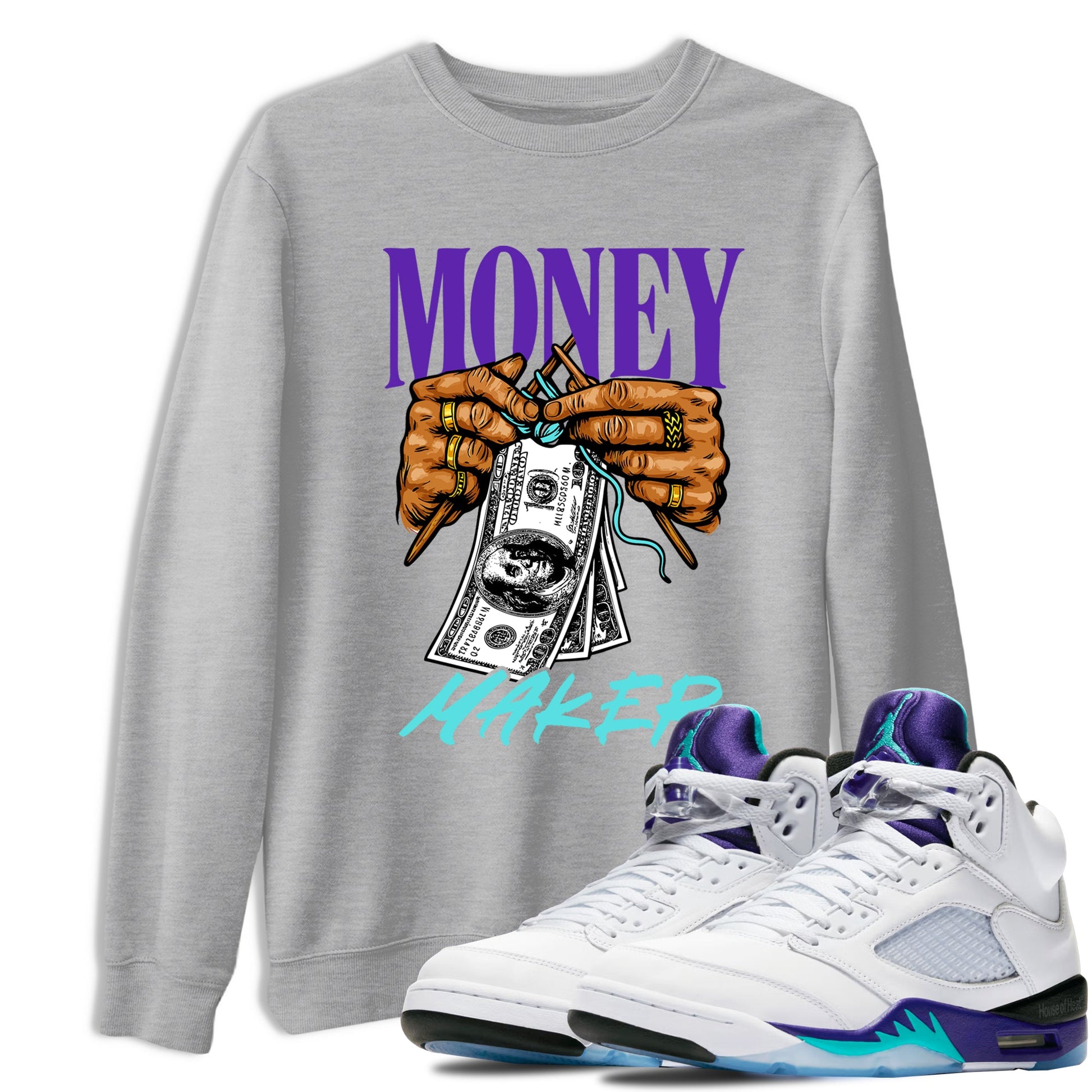 Money Maker sneaker match t-shirt styled to complete your fit with the Air Jordan 5 Grape sneakers, shown in Heather Grey 1.