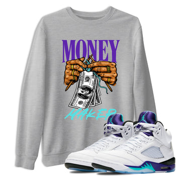 Money Maker sneaker match t-shirt styled to complete your fit with the Air Jordan 5 Grape sneakers, shown in Heather Grey 1.