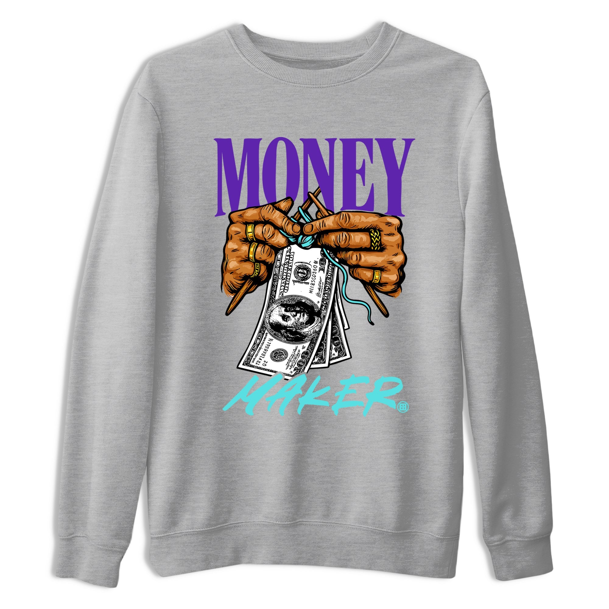 Money Maker sneaker match t-shirt styled to complete your fit with the Air Jordan 5 Grape sneakers, shown in Heather Grey 2.