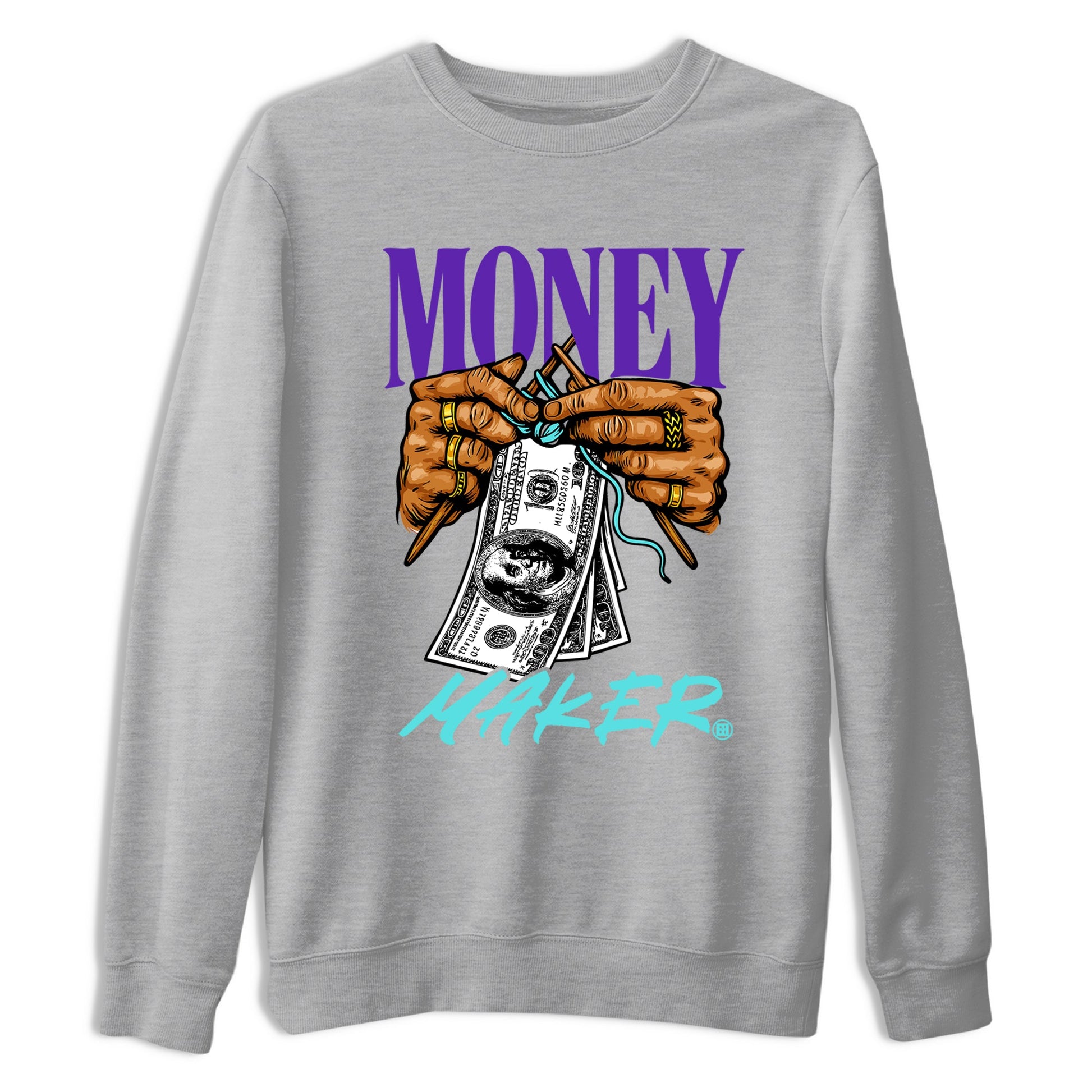 Money Maker sneaker match t-shirt styled to complete your fit with the Air Jordan 5 Grape sneakers, shown in Heather Grey 2.