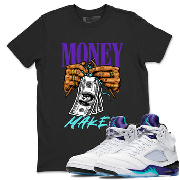 Money Maker sneaker match t-shirt styled to complete your fit with the Air Jordan 5 Grape sneakers, shown in Black 1.