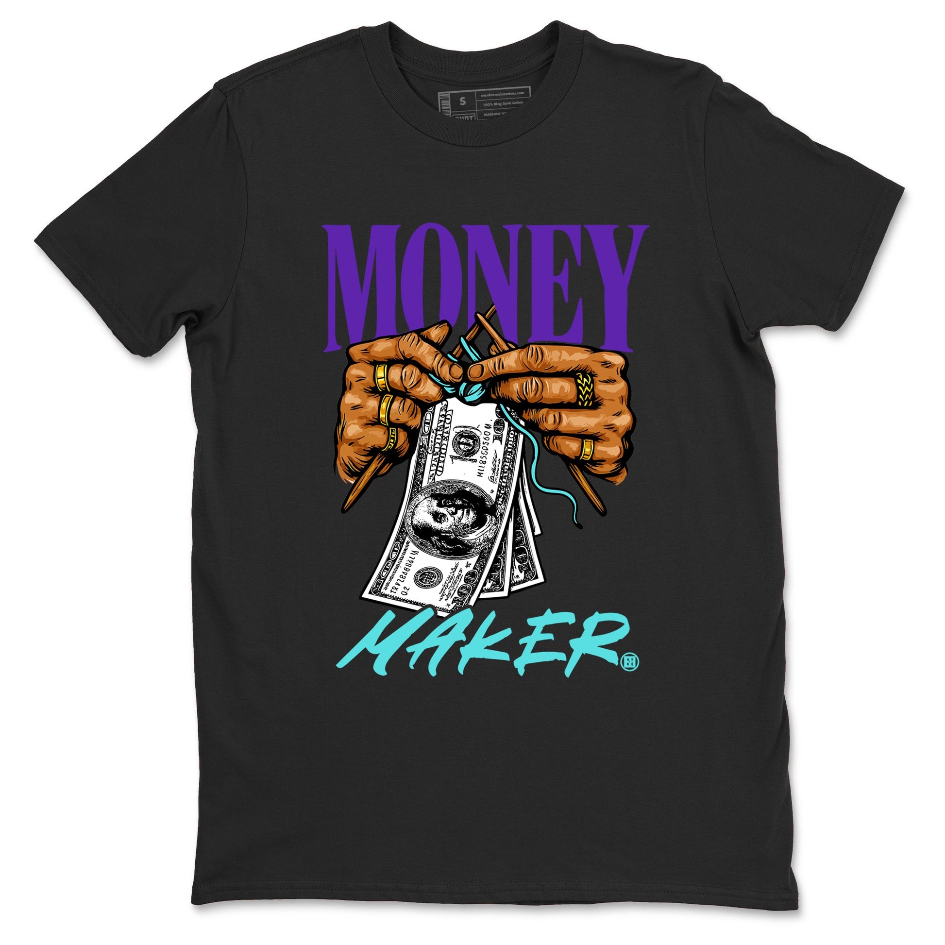 Money Maker sneaker match t-shirt styled to complete your fit with the Air Jordan 5 Grape sneakers, shown in Black 2.