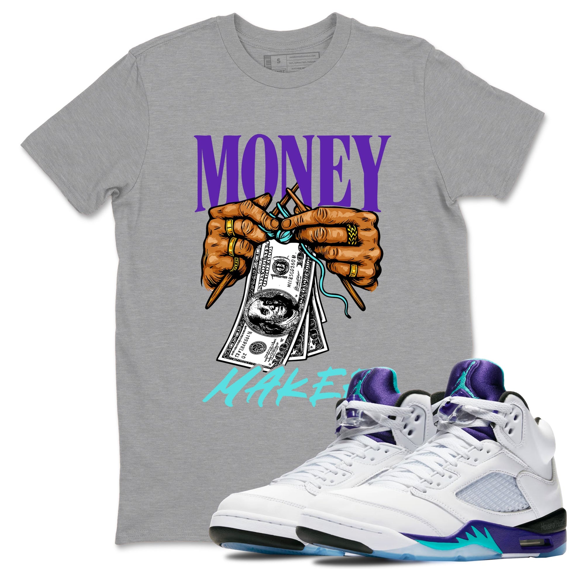 Money Maker sneaker match t-shirt styled to complete your fit with the Air Jordan 5 Grape sneakers, shown in Heather Grey 1.