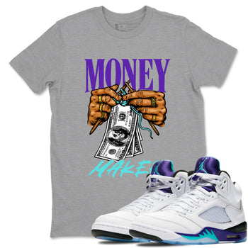 Money Maker sneaker match t-shirt styled to complete your fit with the Air Jordan 5 Grape sneakers, shown in Heather Grey 1.