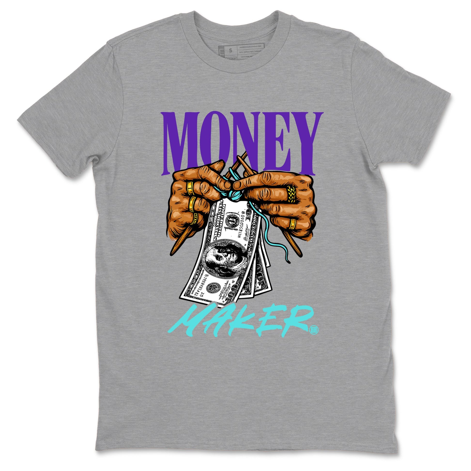 Money Maker sneaker match t-shirt styled to complete your fit with the Air Jordan 5 Grape sneakers, shown in Heather Grey 2.