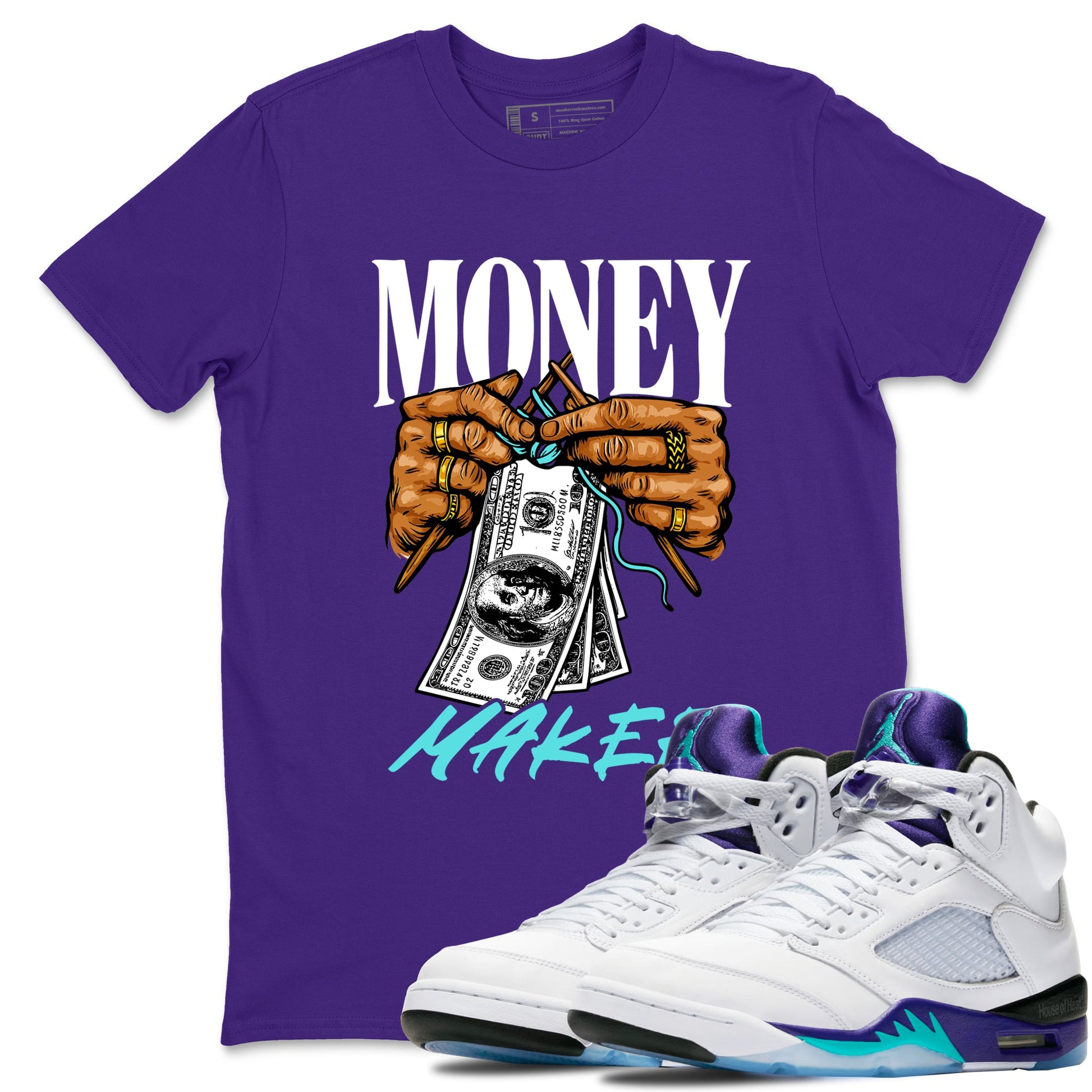 Money Maker sneaker match t-shirt styled to complete your fit with the Air Jordan 5 Grape sneakers, shown in Purple 1.