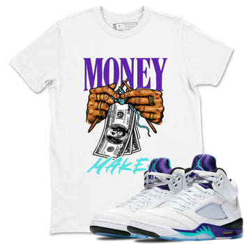 Money Maker sneaker match t-shirt styled to complete your fit with the Air Jordan 5 Grape sneakers, shown in White 1.