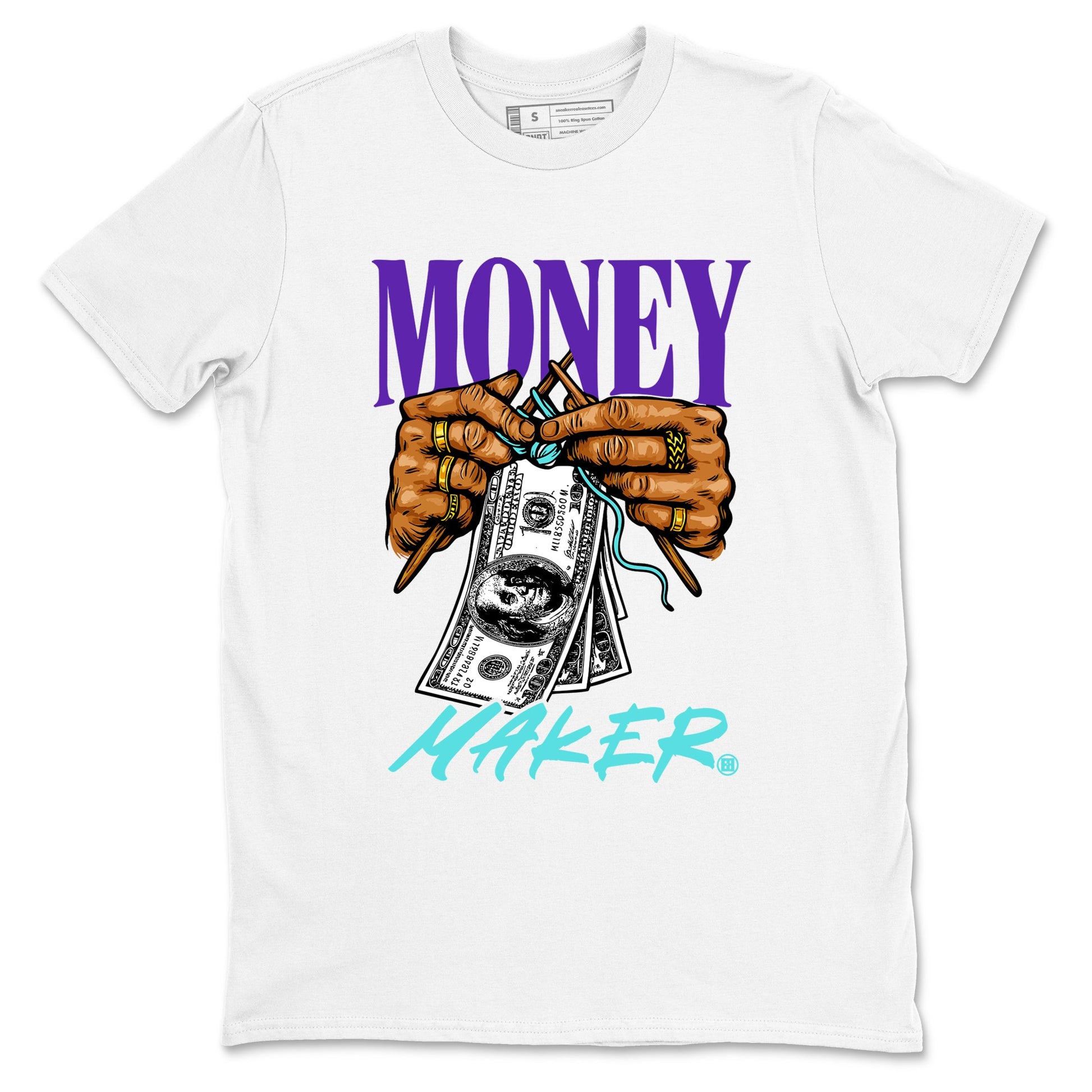 Money Maker sneaker match t-shirt styled to complete your fit with the Air Jordan 5 Grape sneakers, shown in White 2.