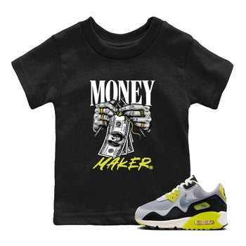 Money Maker baby and kids t-shirt crafted for little sneakerheads to shine with the Air Max 90 Cyber sneakers, displayed in Black 1.
