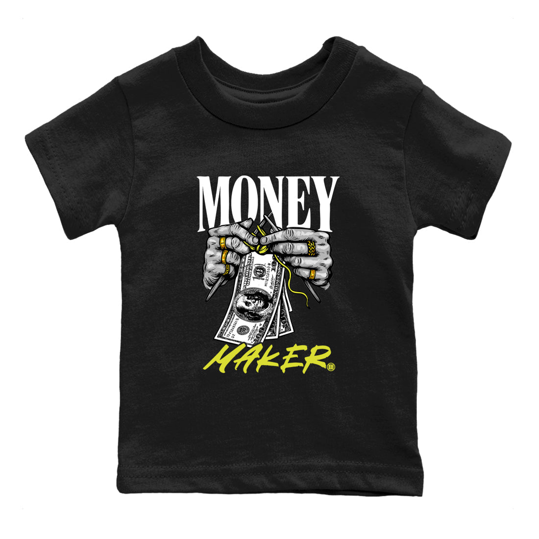 Money Maker baby and kids t-shirt crafted for little sneakerheads to shine with the Air Max 90 Cyber sneakers, displayed in Black 2.