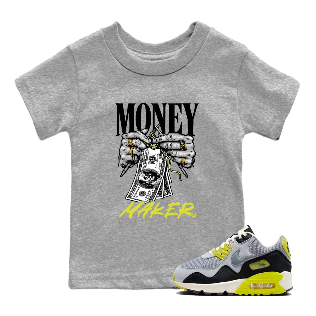 Money Maker baby and kids t-shirt crafted for little sneakerheads to shine with the Air Max 90 Cyber sneakers, displayed in Heather Grey 1.