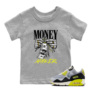 Money Maker baby and kids t-shirt crafted for little sneakerheads to shine with the Air Max 90 Cyber sneakers, displayed in Heather Grey 1.
