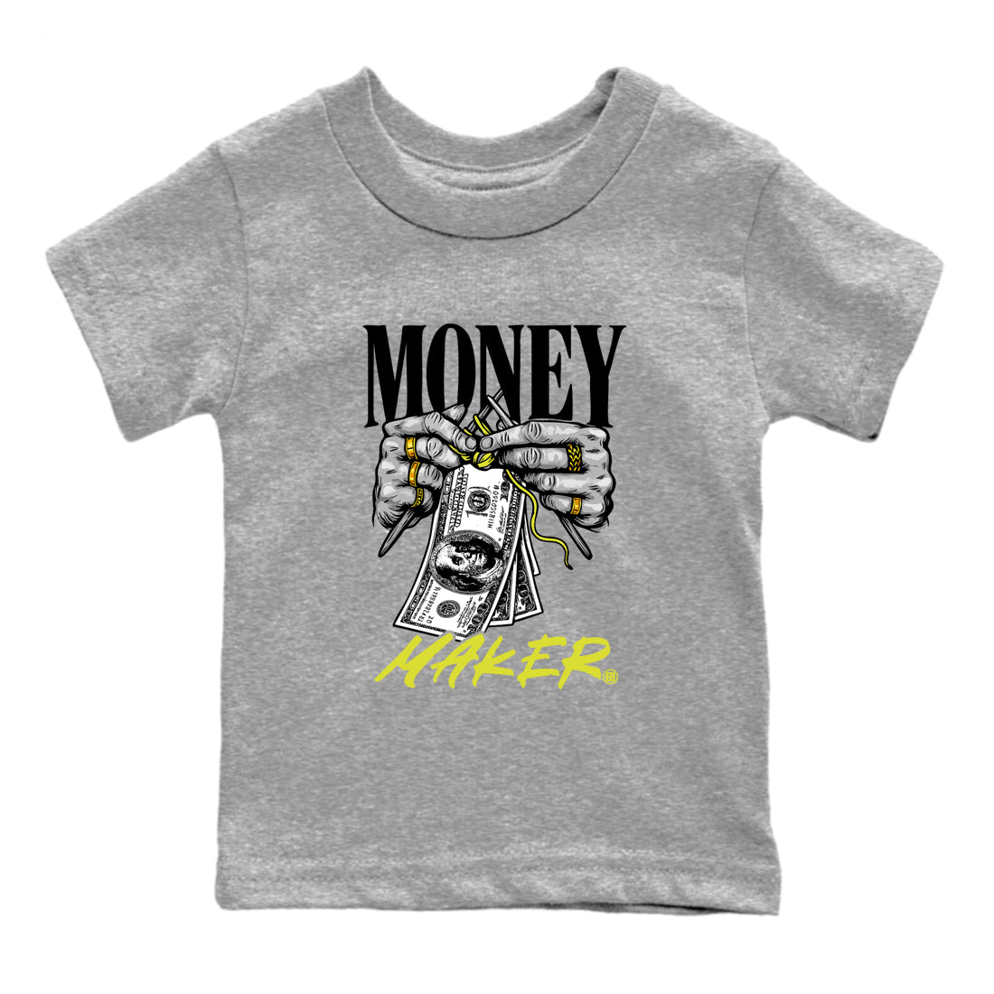 Money Maker baby and kids t-shirt crafted for little sneakerheads to shine with the Air Max 90 Cyber sneakers, displayed in Heather Grey 2.