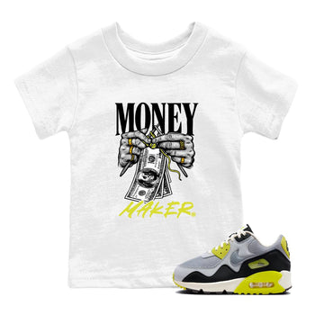Money Maker baby and kids t-shirt crafted for little sneakerheads to shine with the Air Max 90 Cyber sneakers, displayed in White 1.