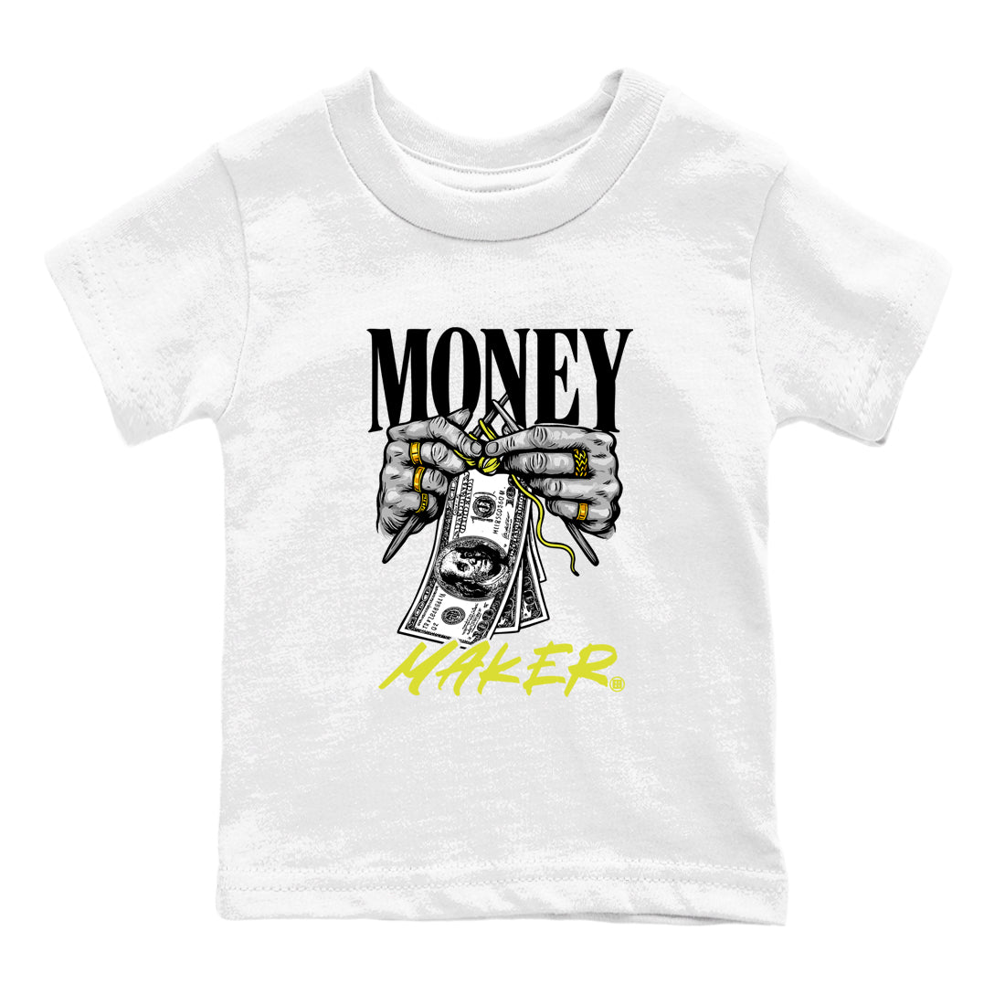 Money Maker baby and kids t-shirt crafted for little sneakerheads to shine with the Air Max 90 Cyber sneakers, displayed in White 2.