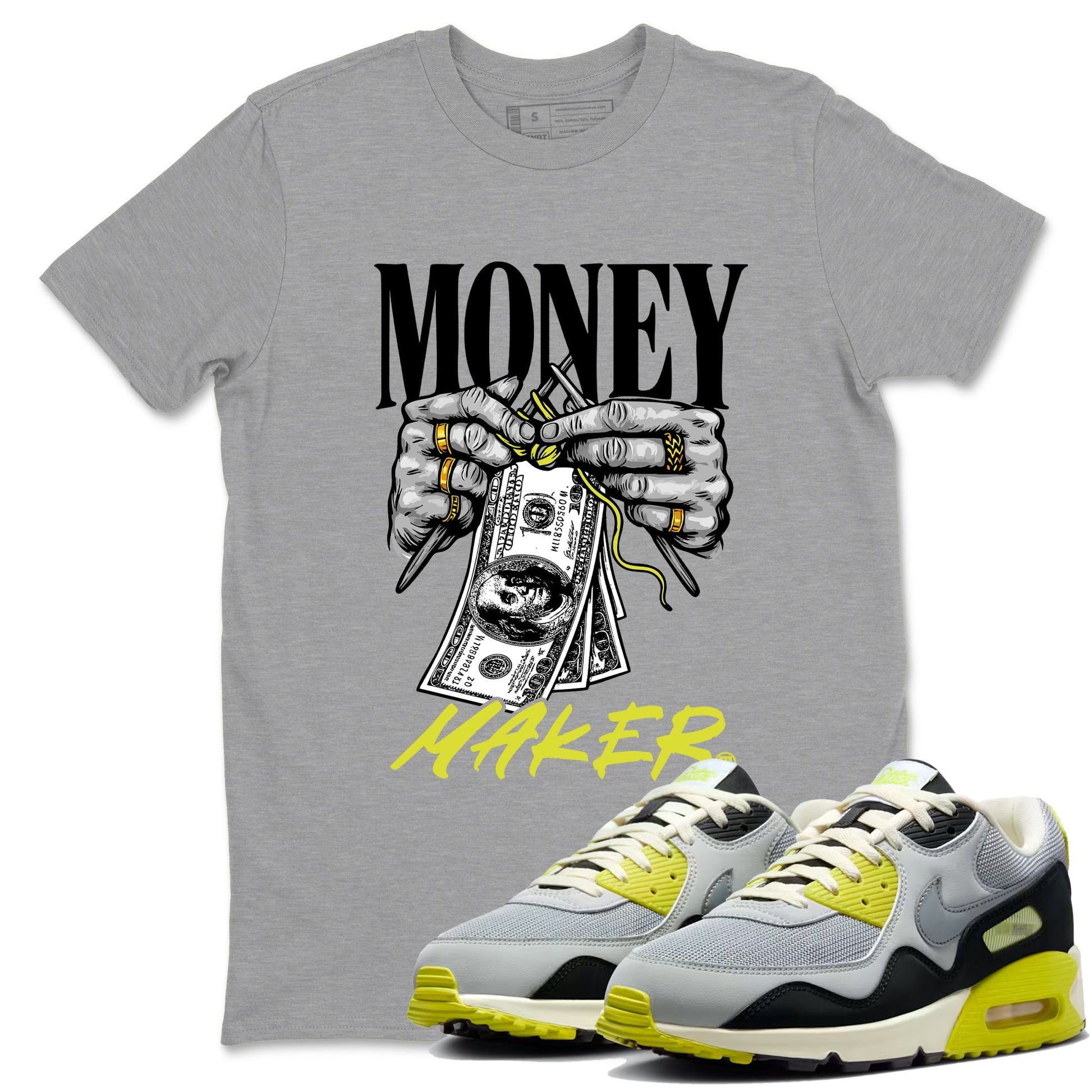 Money Maker sneaker match t-shirt styled to complete your fit with the Air Max 90 Cyber sneakers, shown in Heather Grey 1.