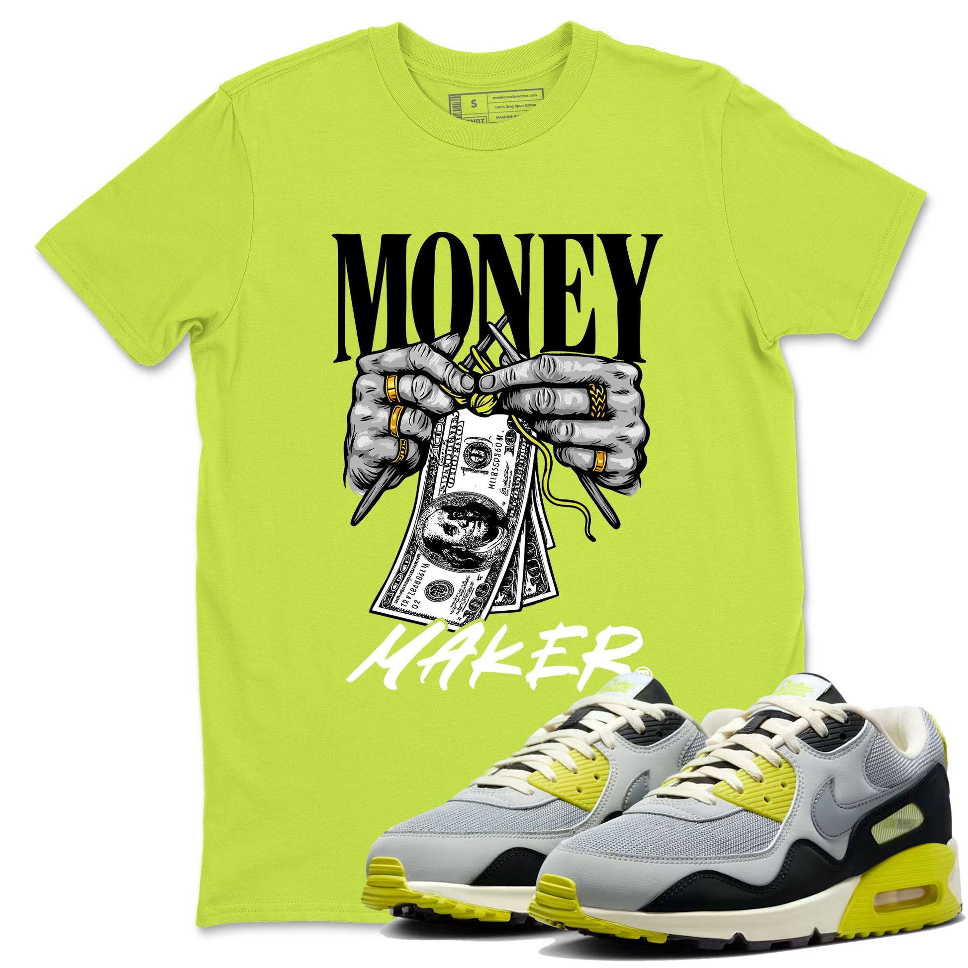 Money Maker sneaker match t-shirt styled to complete your fit with the Air Max 90 Cyber sneakers, shown in Safety Green 1.