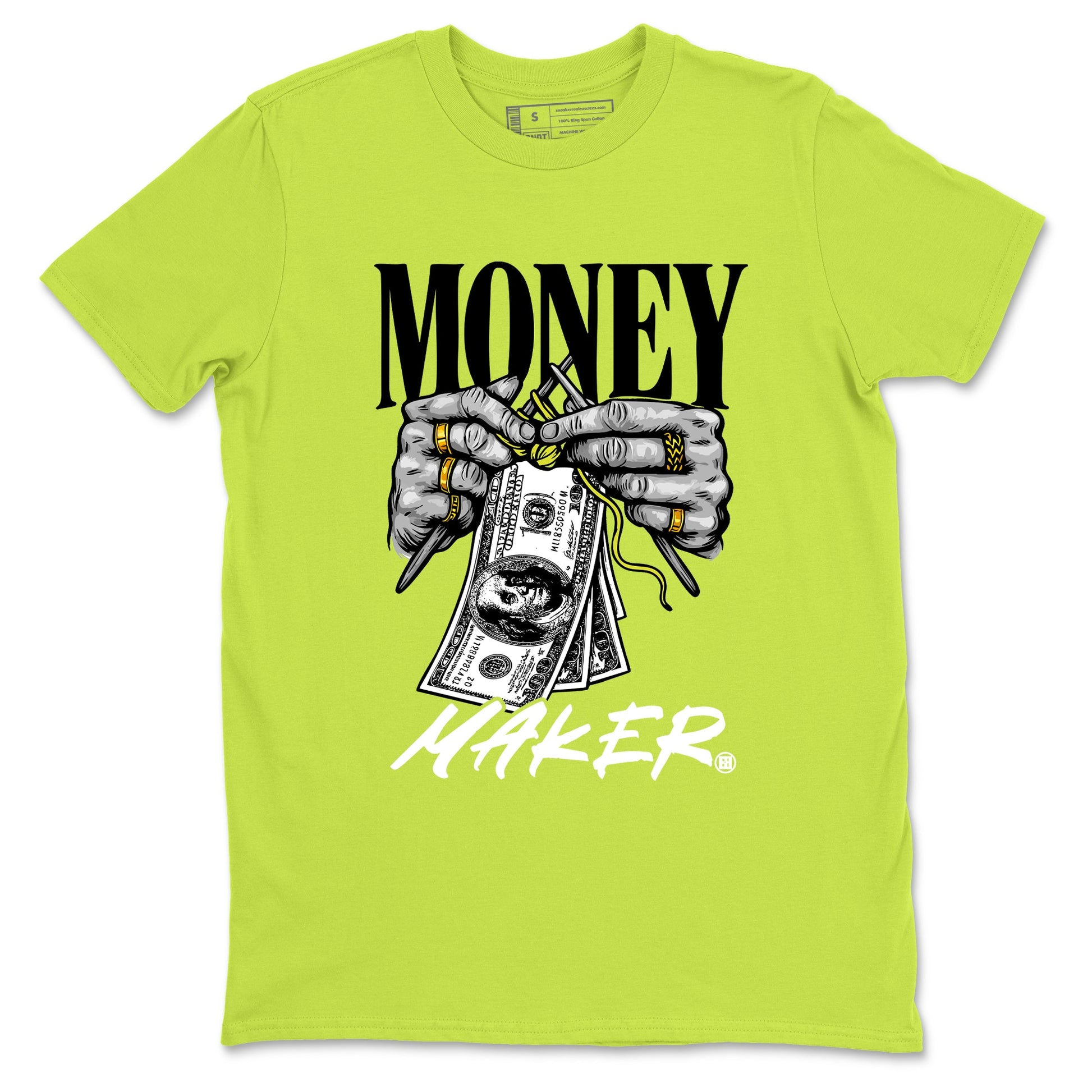 Money Maker sneaker match t-shirt styled to complete your fit with the Air Max 90 Cyber sneakers, shown in Safety Green 2.