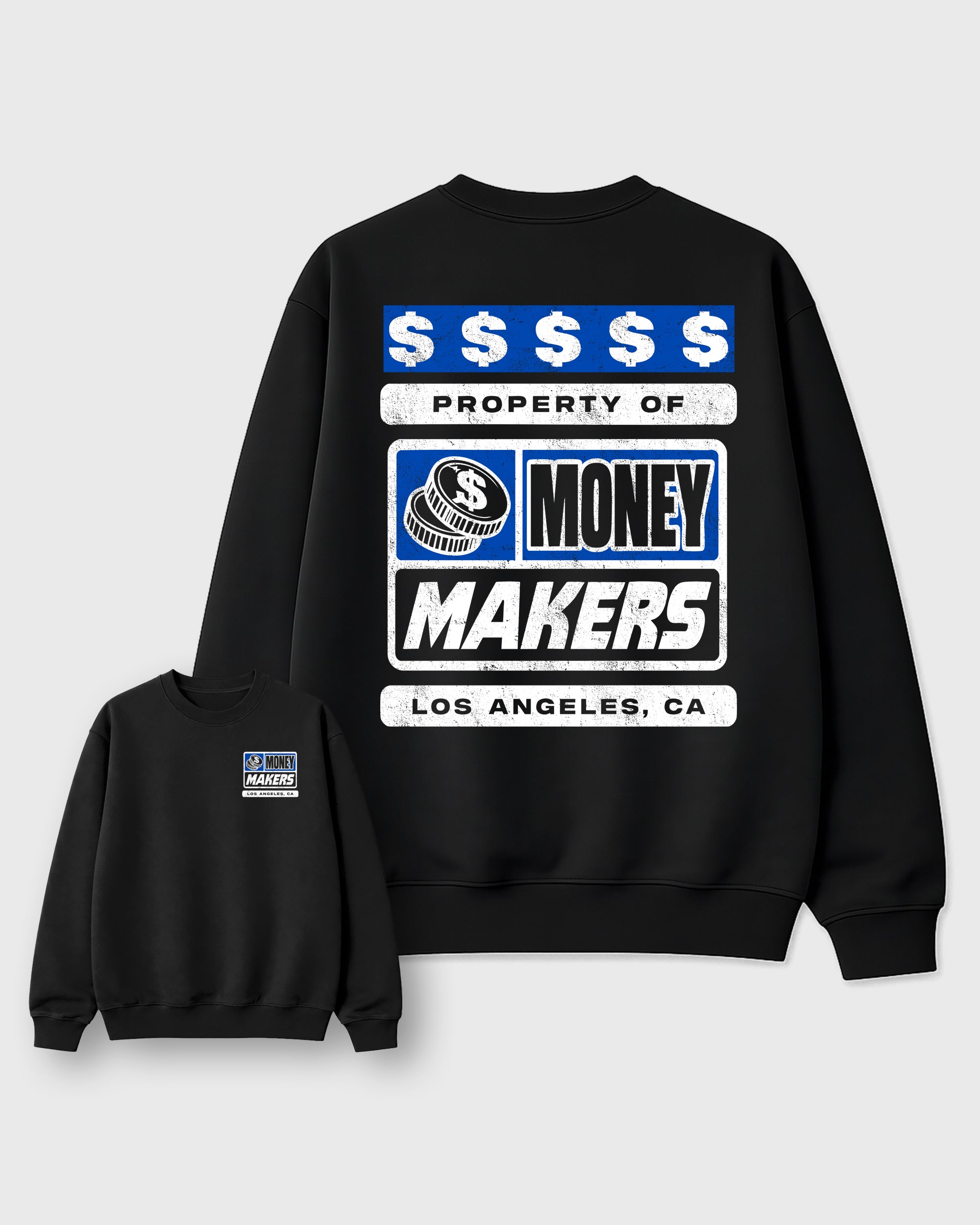Money Makers Black Graphic Sweatshirt - 1, a sneaker matching sweatshirt designed to coordinate with Air Jordan 1 Royal sneakers for a complete sneaker outfit.