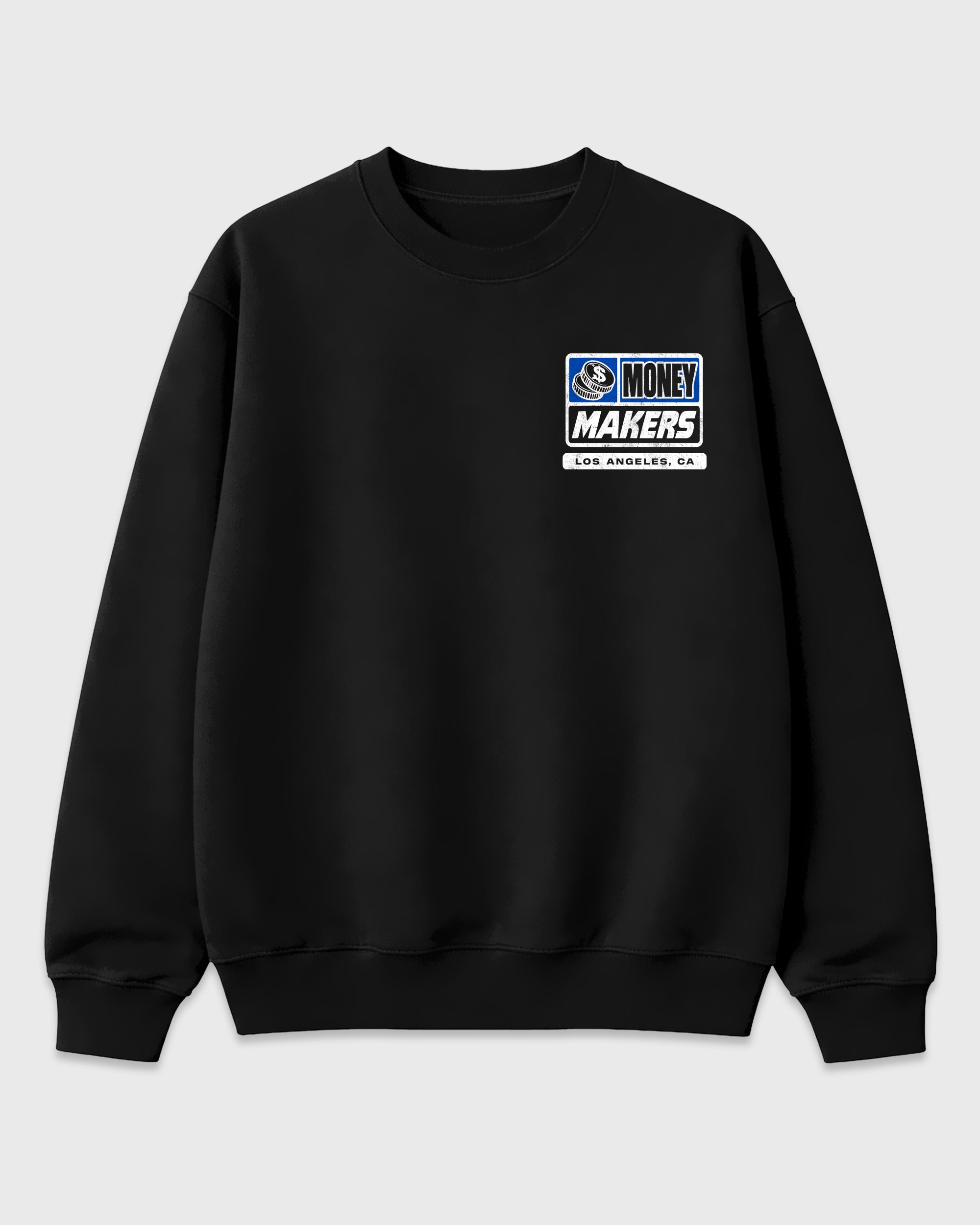Money Makers Black Graphic Sweatshirt - 2, featuring original SNRT artwork created to pair with Air Jordan 1 Royal sneakers and everyday streetwear styling.