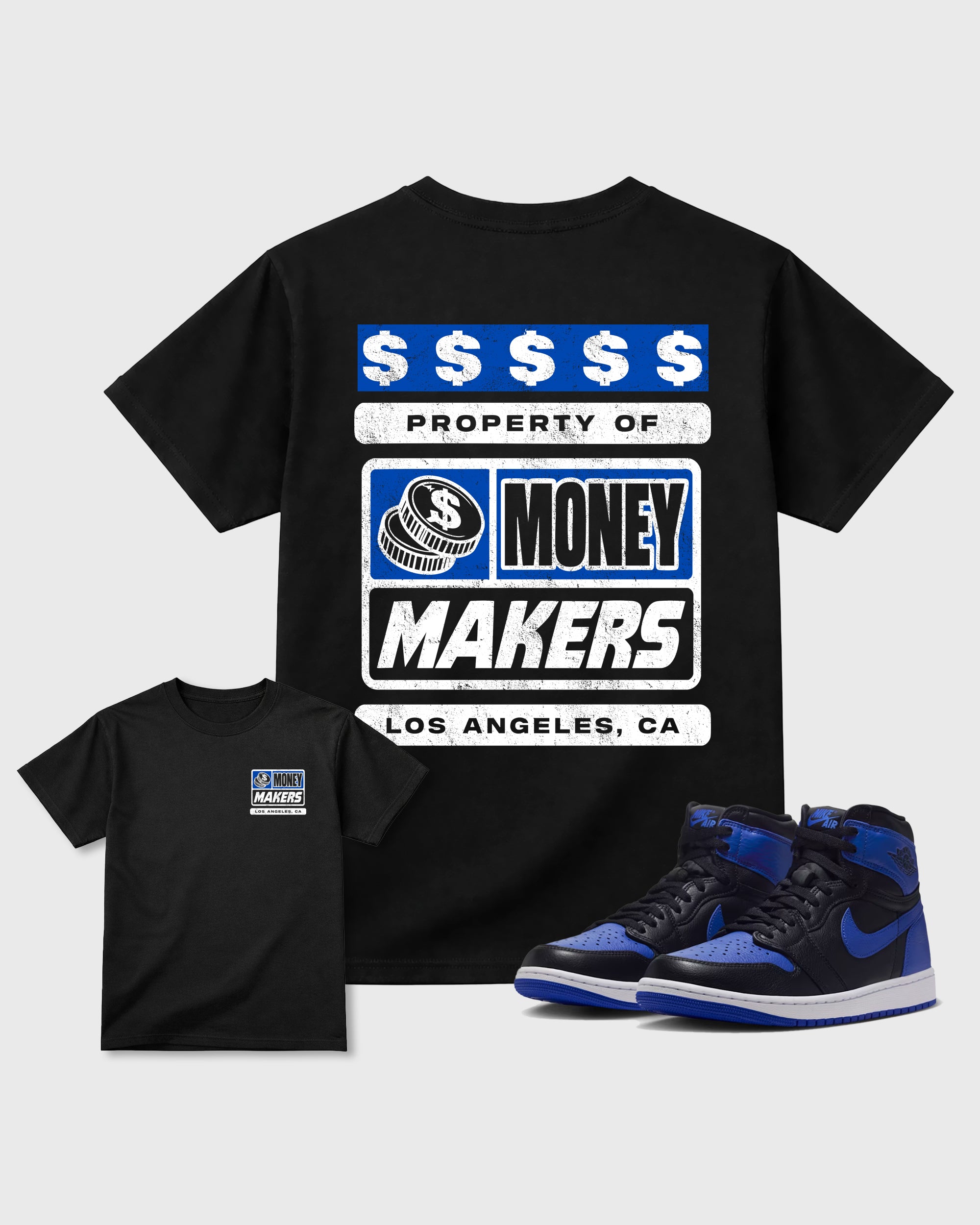 Money Makers Black Graphic Tees - 1, sneaker matching tee designed to match Air Jordan 1 High OG Royal sneakers for a coordinated sneaker outfit.