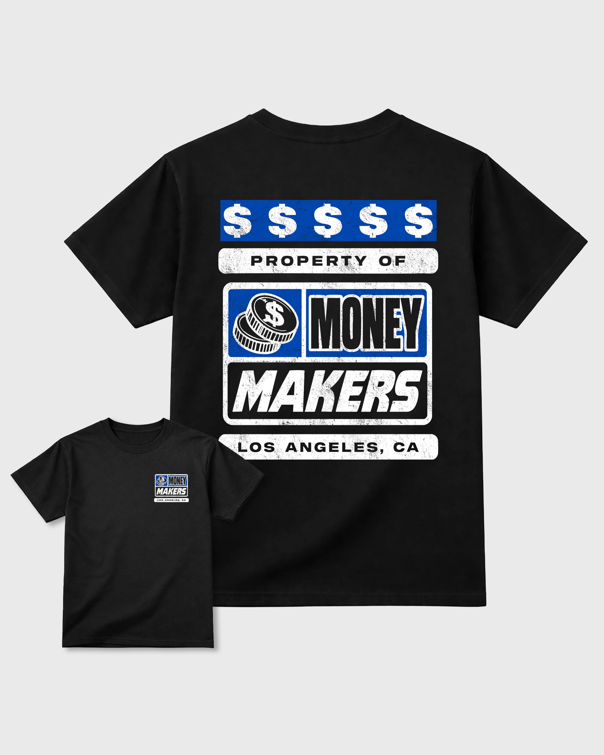 Money Makers Black Graphic Tees - 1, sneaker matching tee designed to match Air Jordan 1 High OG Royal sneakers for a coordinated sneaker outfit.