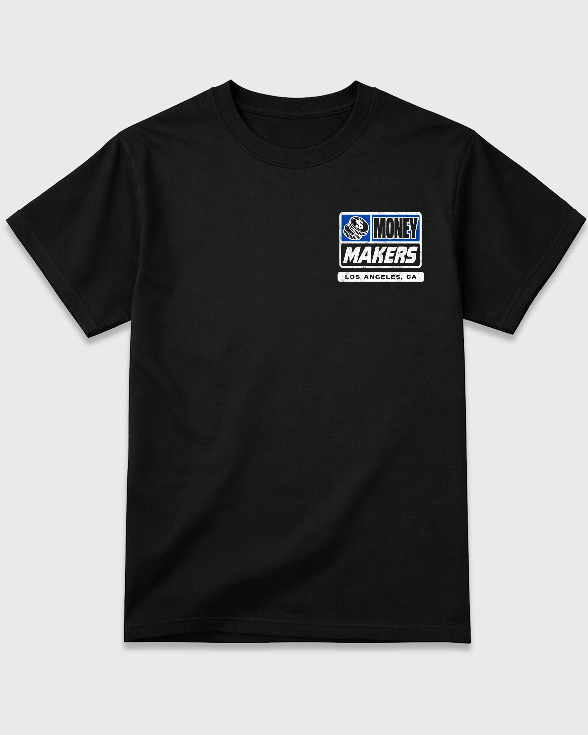 Money Makers Black Graphic Tees - 2, sneaker tee made to match Air Jordan 1 High OG Royal sneakers with original graphic artwork for a coordinated sneaker outfit.