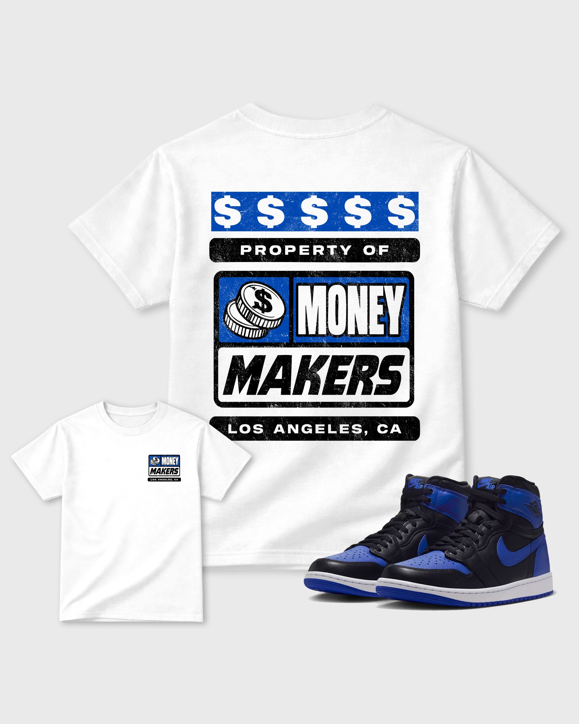 Money Makers White Graphic Tees - 1, sneaker matching tee designed to match Air Jordan 1 High OG Royal sneakers for a coordinated sneaker outfit.