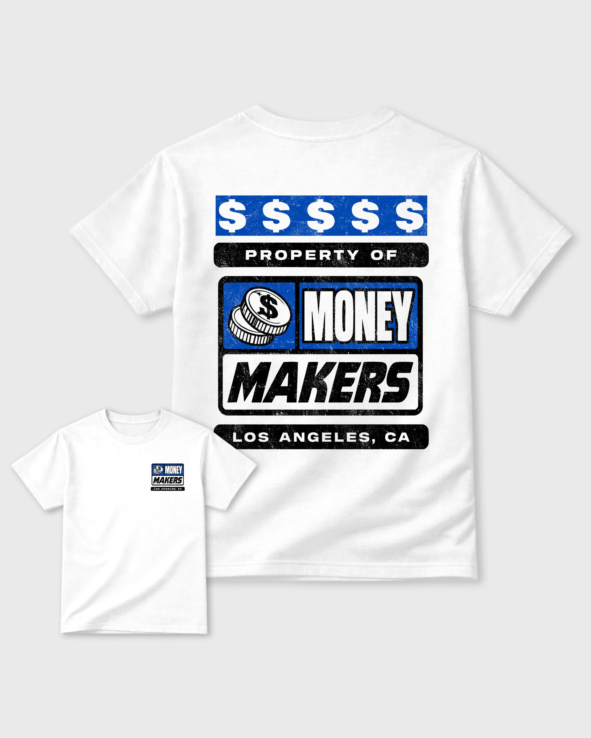 Money Makers White Graphic Tees - 2, sneaker tee made to match Air Jordan 1 High OG Royal sneakers with original graphic artwork for a coordinated sneaker outfit.