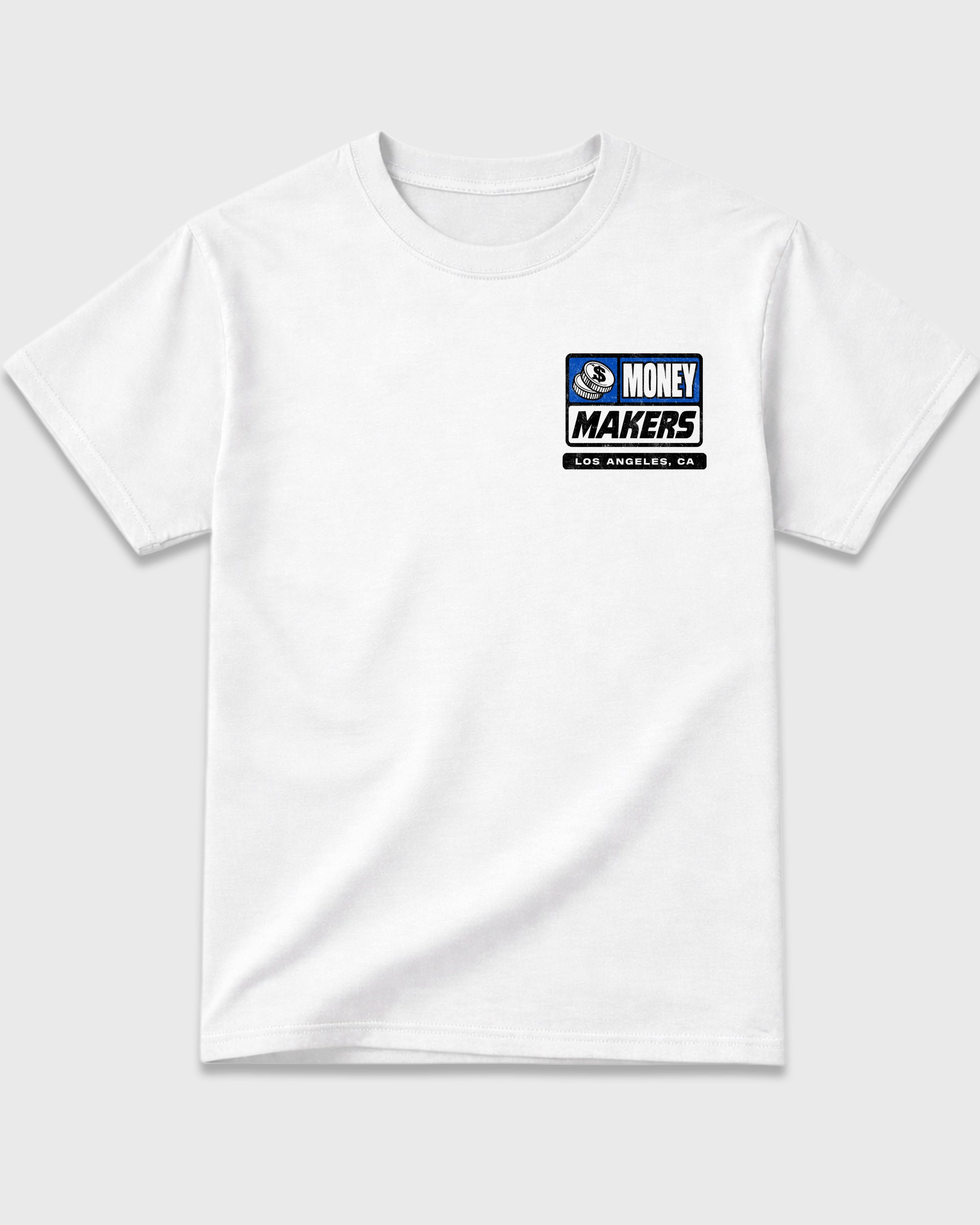 Money Makers White Graphic Tees - 3, sneaker matching shirt designed to pair with Air Jordan 1 Royal sneakers for a coordinated streetwear outfit.