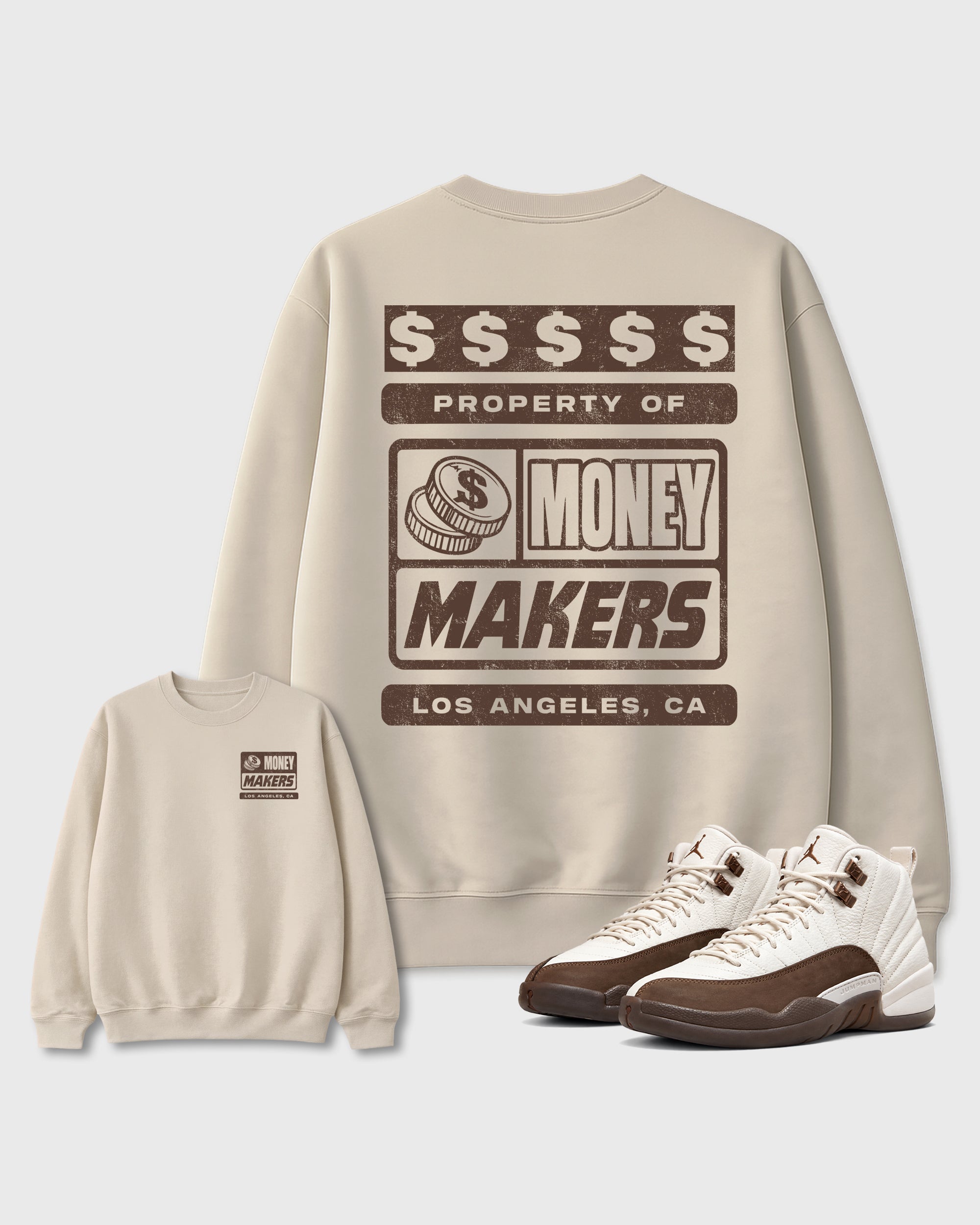 Money Makers Natural Graphic Sweatshirt - 1, a sneaker matching sweatshirt designed to coordinate with Air Jordan 12 Retro Fireside sneakers for a complete sneaker outfit.