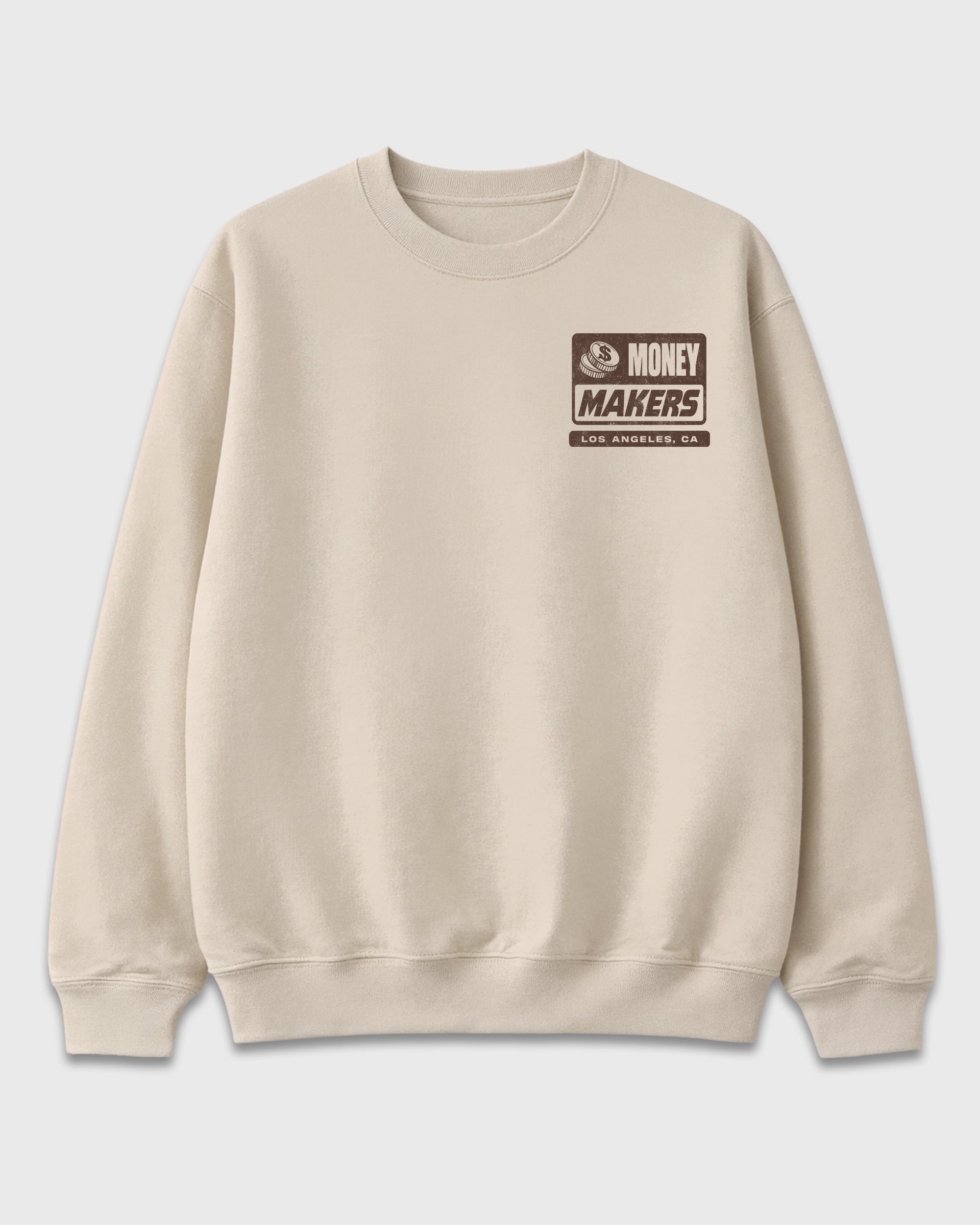Money Makers Natural Graphic Sweatshirt - 2, featuring original SNRT artwork created to pair with Air Jordan 12 Retro Fireside sneakers and everyday streetwear styling.