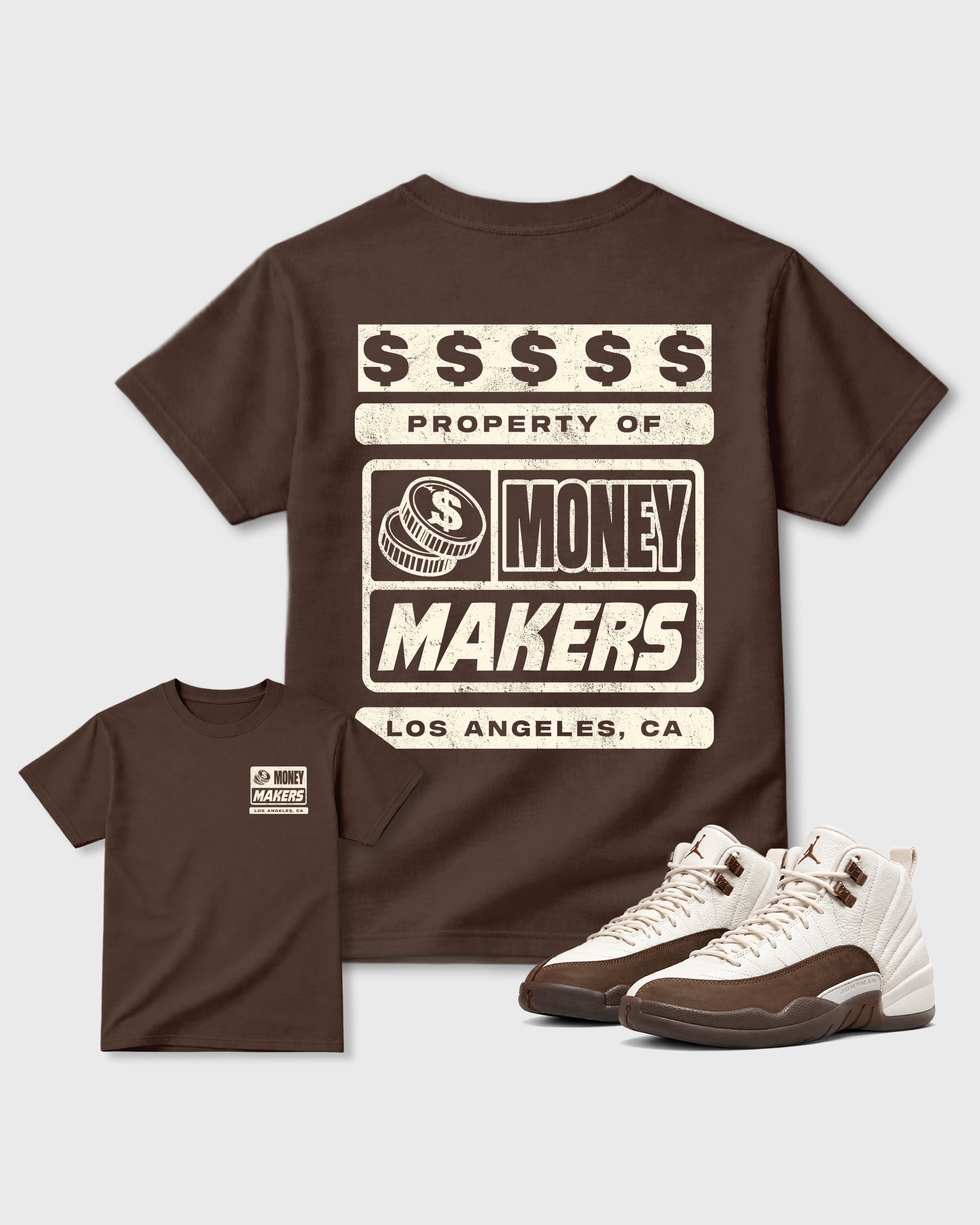 Money Makers Dark Chocolate Graphic T-Shirt - 1, sneaker matching tee designed to match Air Jordan 12 Retro Fireside sneakers for a coordinated sneaker outfit.
