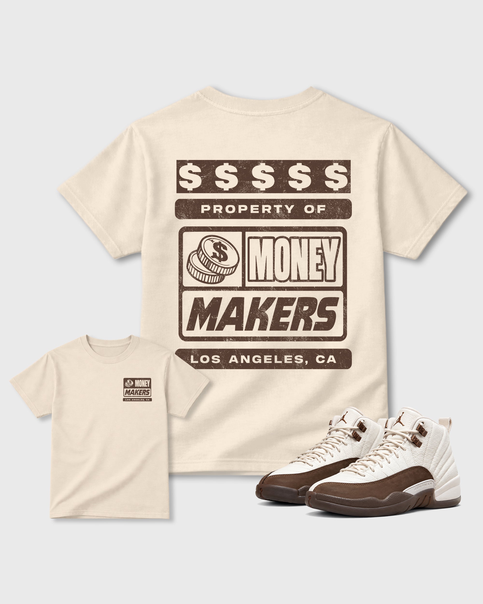 Money Makers Natural Graphic T-Shirt - 1, sneaker matching tee designed to match Air Jordan 12 Retro Fireside sneakers for a coordinated sneaker outfit.