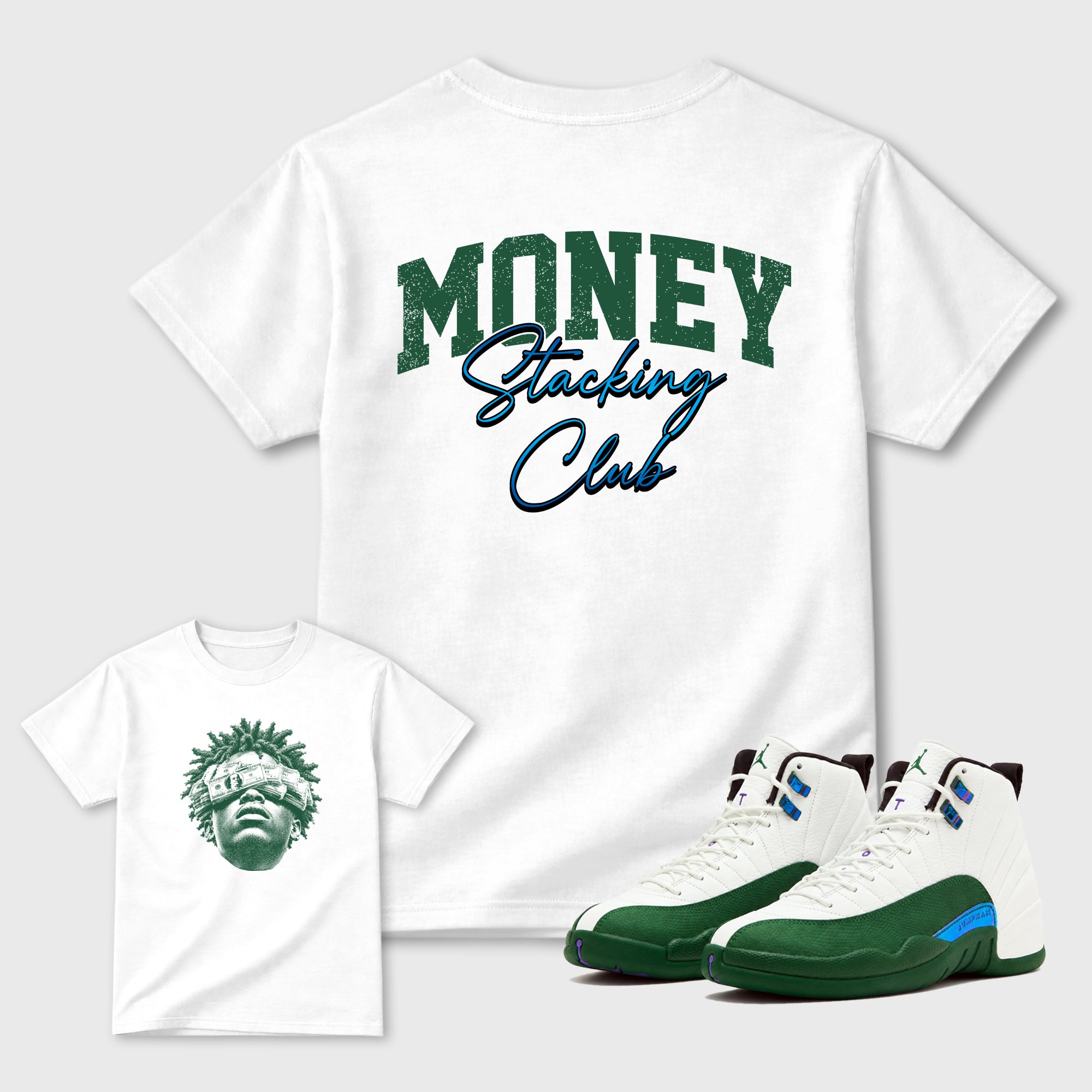 Money Stacking Club Graphic T-Shirt featuring original streetwear artwork designed to complement the clean white and Gorge Green color blocking of the Air Jordan 12 Bucks. White Graphic T-Shirt.
