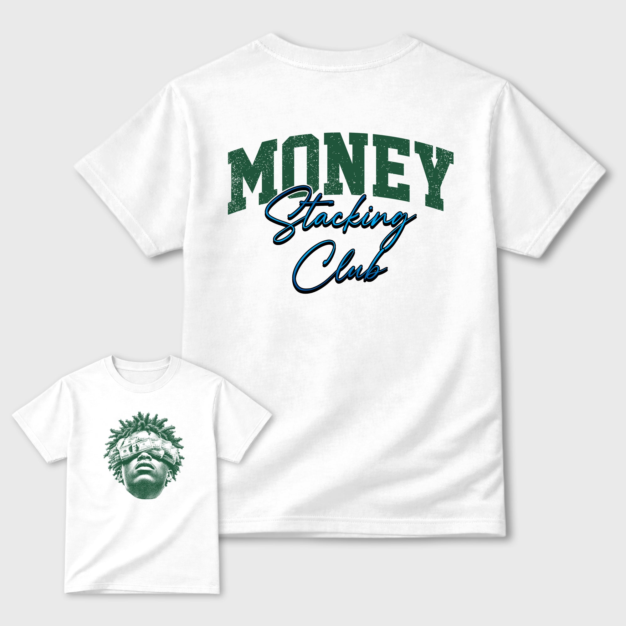 Money Stacking Club Graphic T-Shirt featuring original streetwear artwork designed to complement the clean white and Gorge Green color blocking of the AJ12 Bucks. White Graphic T-Shirt.