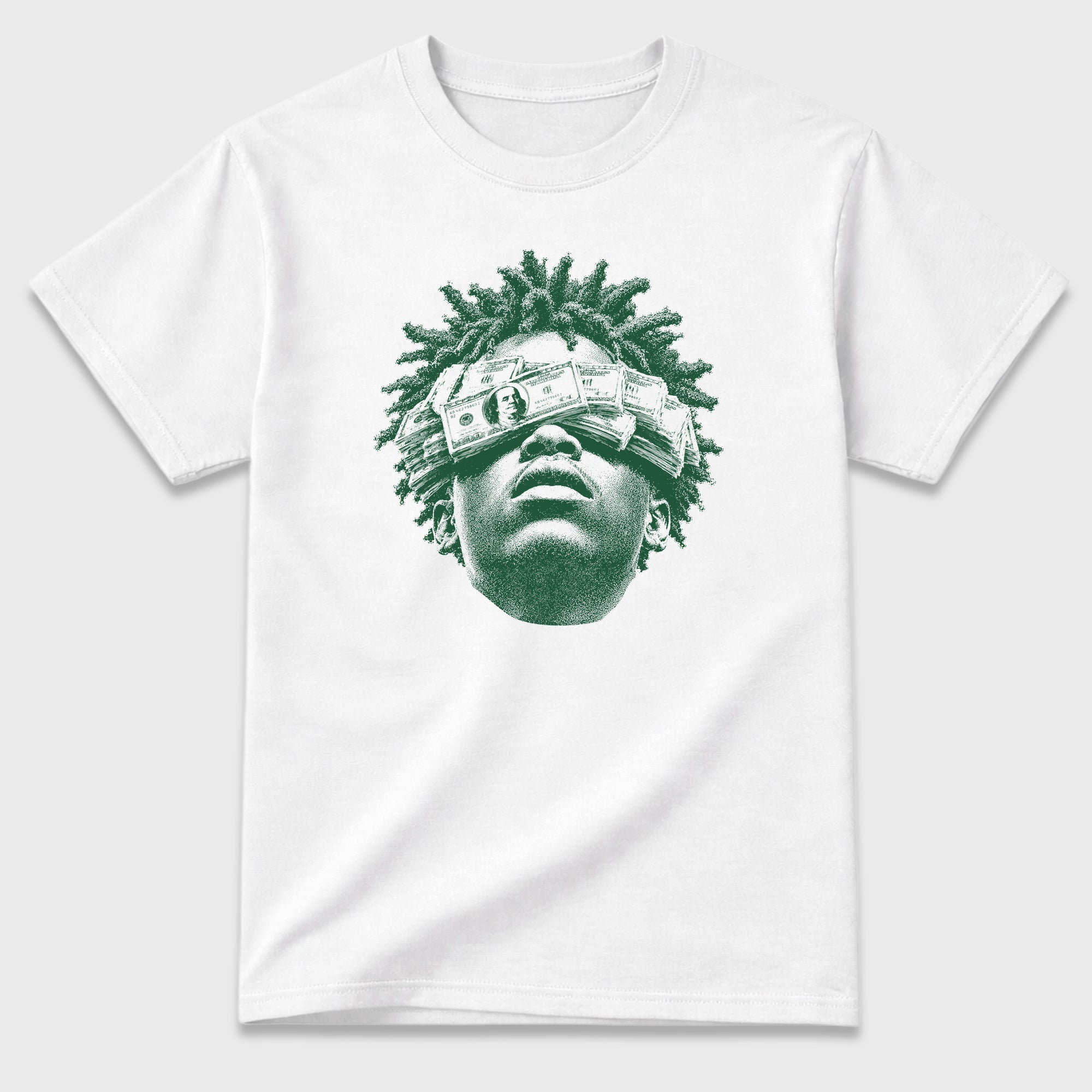 Money Stacking Club Graphic T-Shirt featuring original streetwear artwork designed to complement the clean white and Gorge Green color blocking of the AJ12 Bucks. White Graphic T-Shirt.