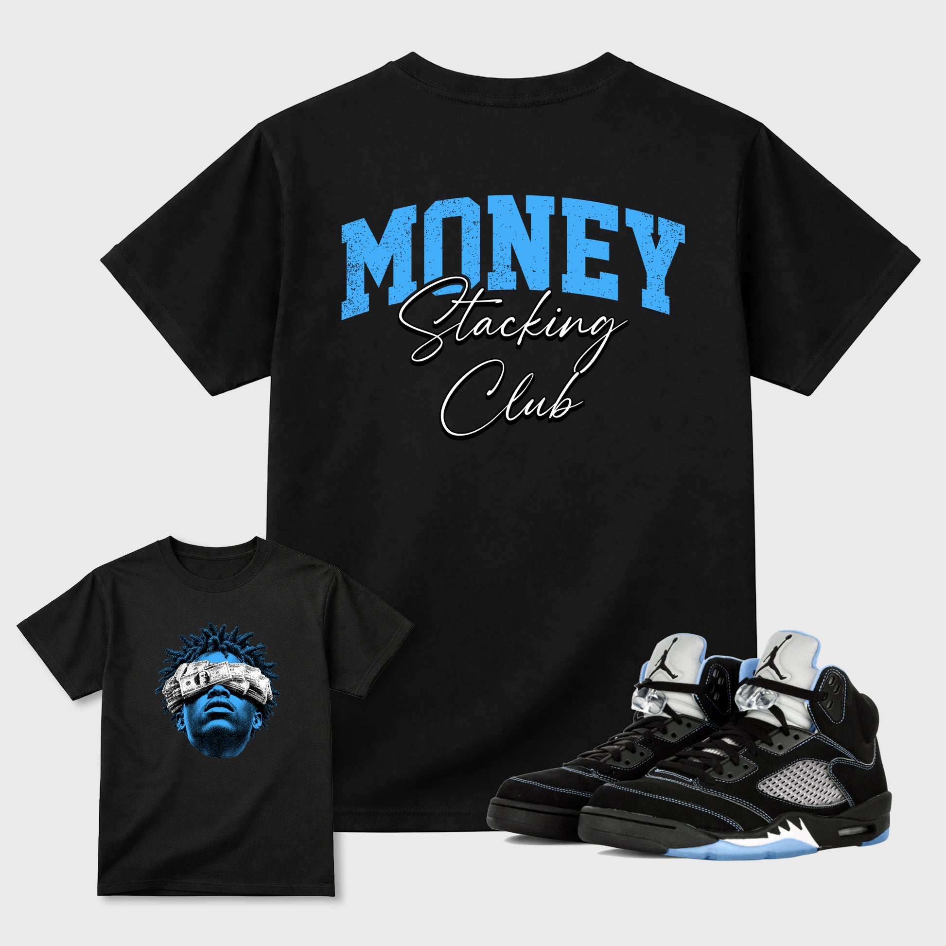 Money Stacking Club Graphic T-Shirt sneaker match tee designed for the Air Jordan 5 Black Carolina sneakers, featuring coordinated color options for a perfect streetwear match. Black shirt.