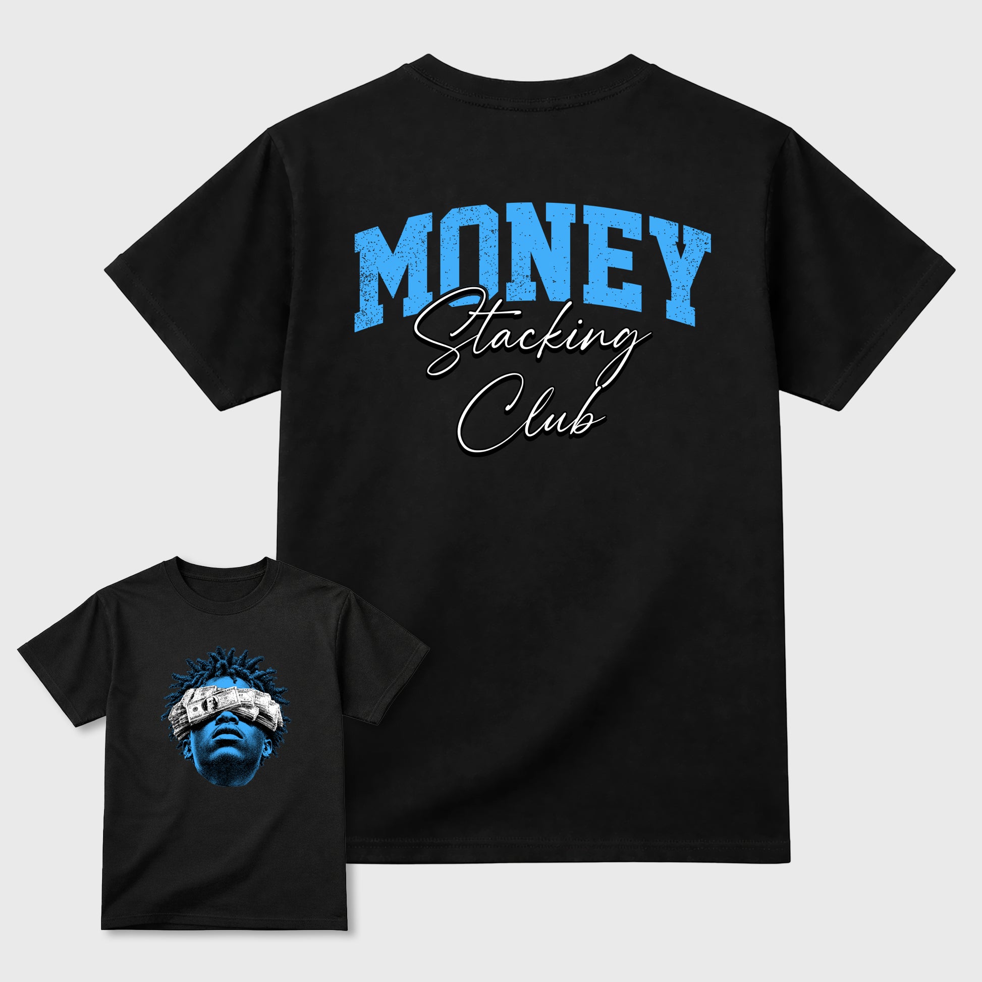 Money Stacking Club Graphic T-Shirt sneaker match tee designed for the 5s Black Carolina, featuring coordinated color options for a perfect streetwear match. Black shirt.