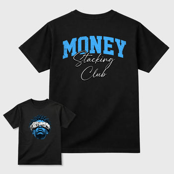 Money Stacking Club Graphic T-Shirt sneaker match tee designed for the 5s Black Carolina, featuring coordinated color options for a perfect streetwear match. Black shirt.