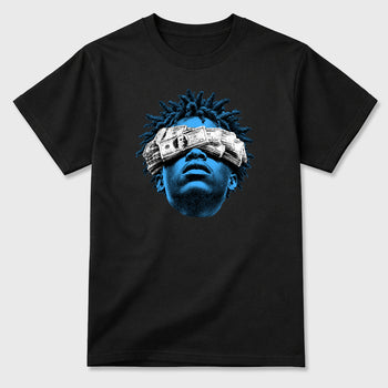 Money Stacking Club Graphic T-Shirt sneaker match tee designed for the 5s Black Carolina, featuring coordinated color options for a perfect streetwear match. Black shirt.