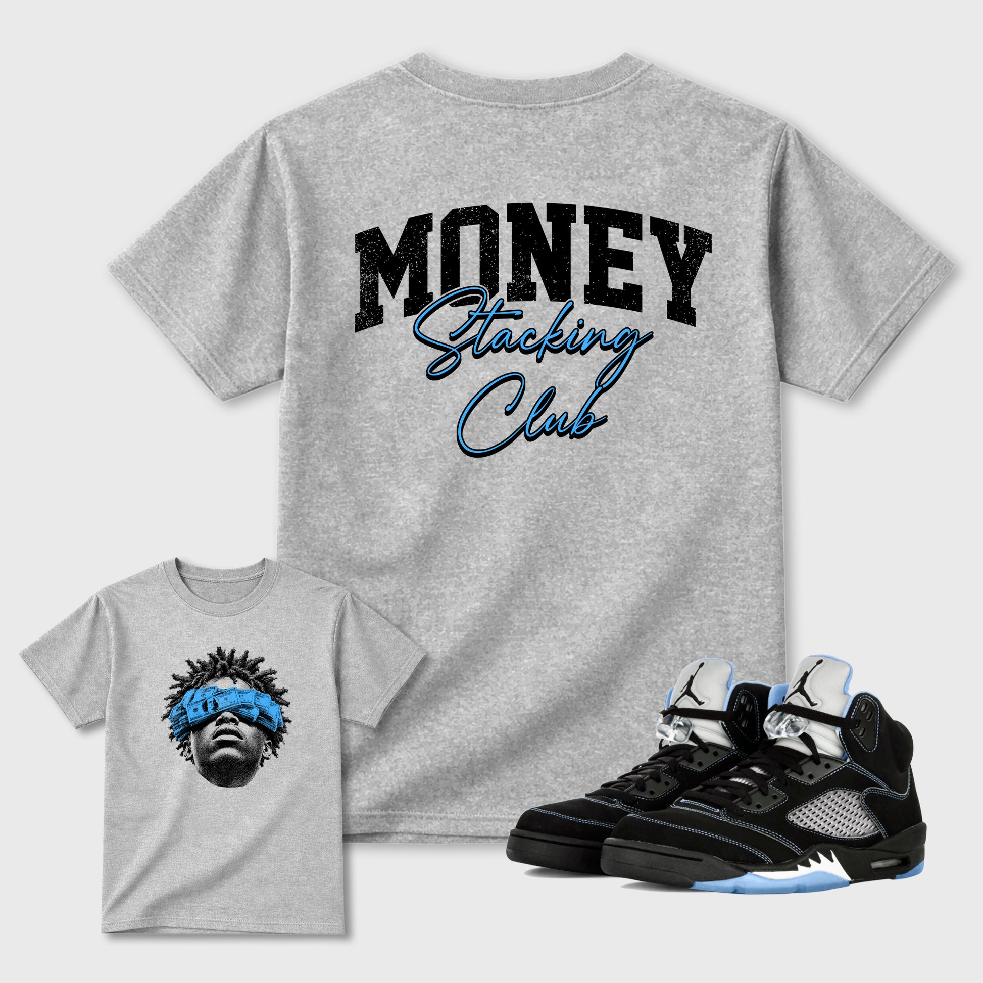 Money Stacking Club Graphic T-Shirt sneaker match tee designed for the 5s Black Carolina, featuring coordinated color options for a perfect streetwear match. Heather Grey shirt.