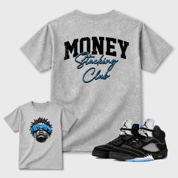 Money Stacking Club Graphic T-Shirt sneaker match tee designed for the 5s Black Carolina, featuring coordinated color options for a perfect streetwear match. Heather Grey shirt.