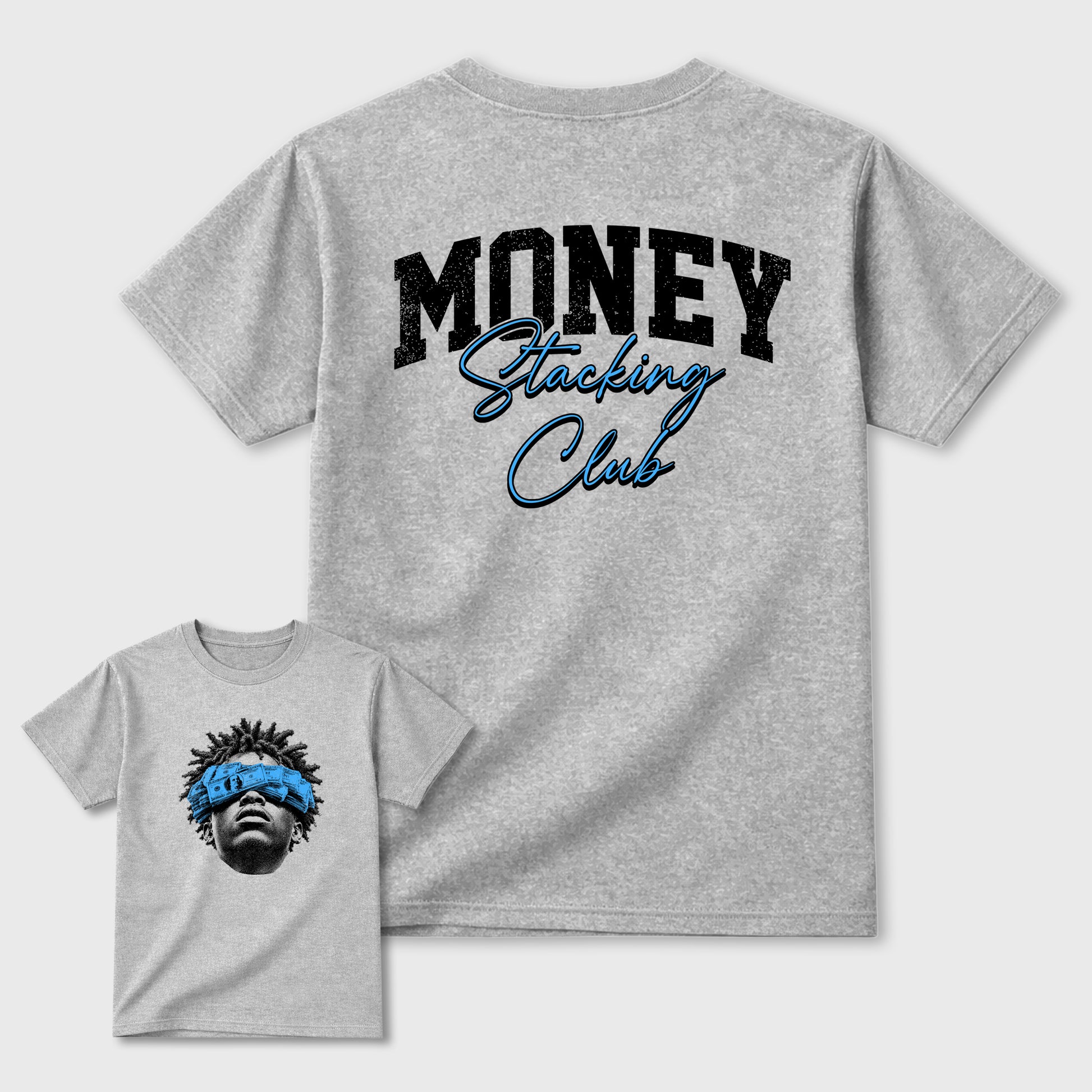Money Stacking Club Graphic T-Shirt sneaker match tee designed for the 5s Black Carolina, featuring coordinated color options for a perfect streetwear match. Heather Grey shirt.