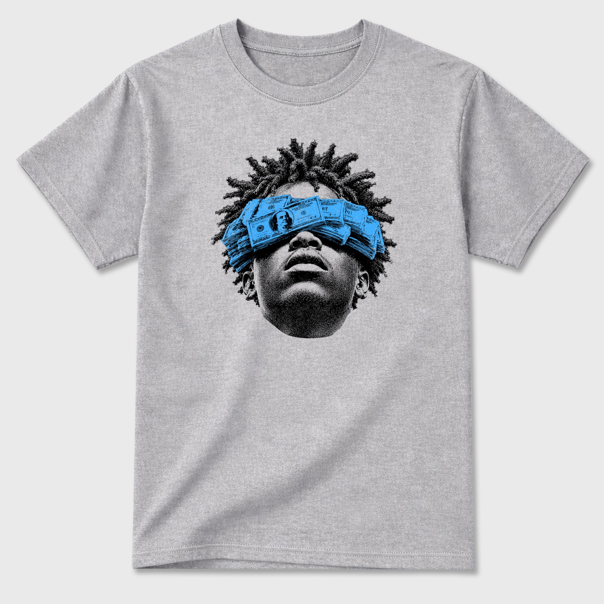 Money Stacking Club Graphic T-Shirt sneaker match tee designed for the 5s Black Carolina, featuring coordinated color options for a perfect streetwear match. Heather Grey shirt.