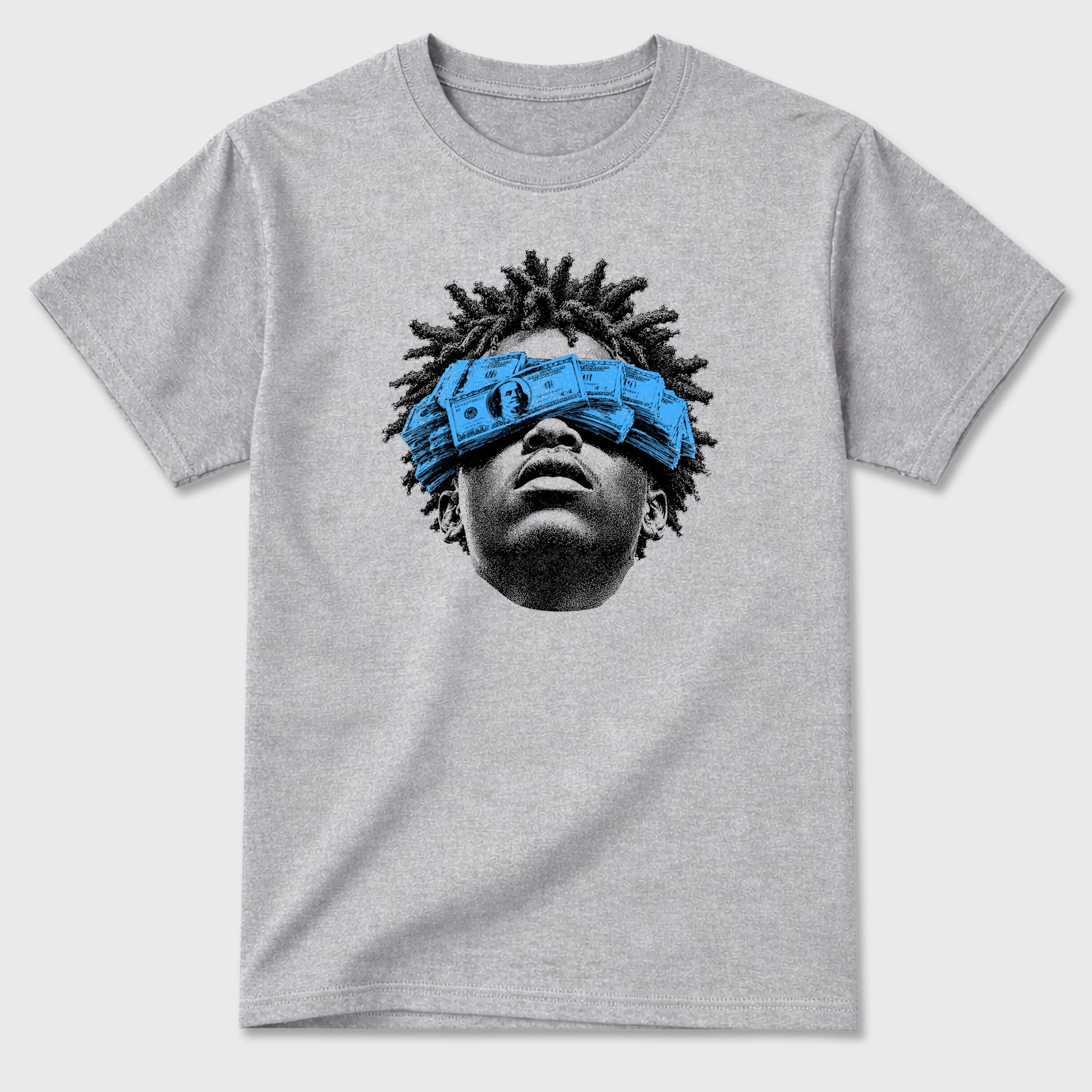 Money Stacking Club Graphic T-Shirt sneaker match tee designed for the 5s Black Carolina, featuring coordinated color options for a perfect streetwear match. Heather Grey shirt.