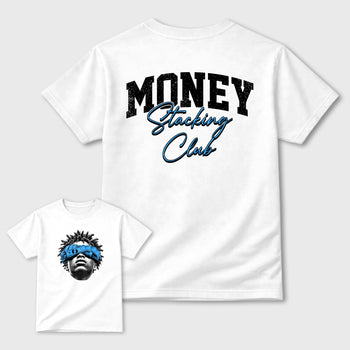 Money Stacking Club Graphic T-Shirt sneaker match tee designed for the 5s Black Carolina, featuring coordinated color options for a perfect streetwear match. White shirt.
