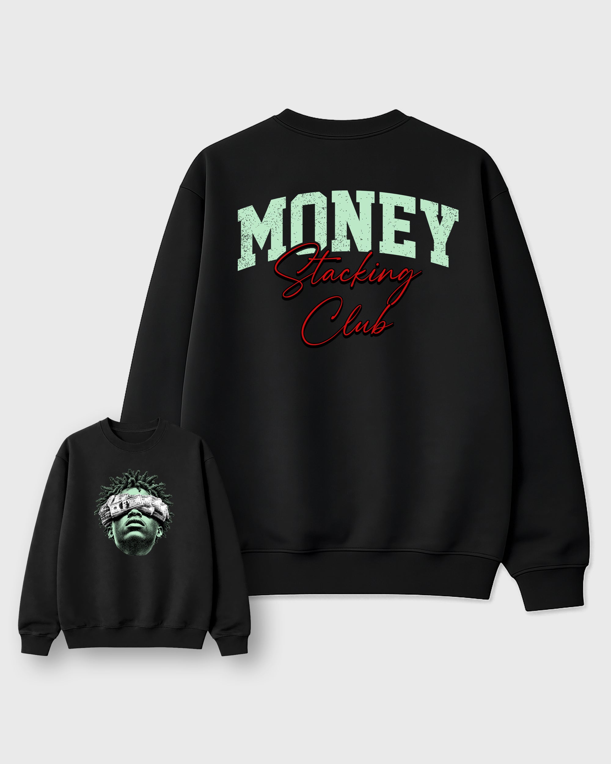 Money Stacking Black Graphic Sweatshirt - 3, a graphic streetwear sweatshirt inspired by Air Jordan 5 Halloween sneakers for an easy coordinated sneaker fit.